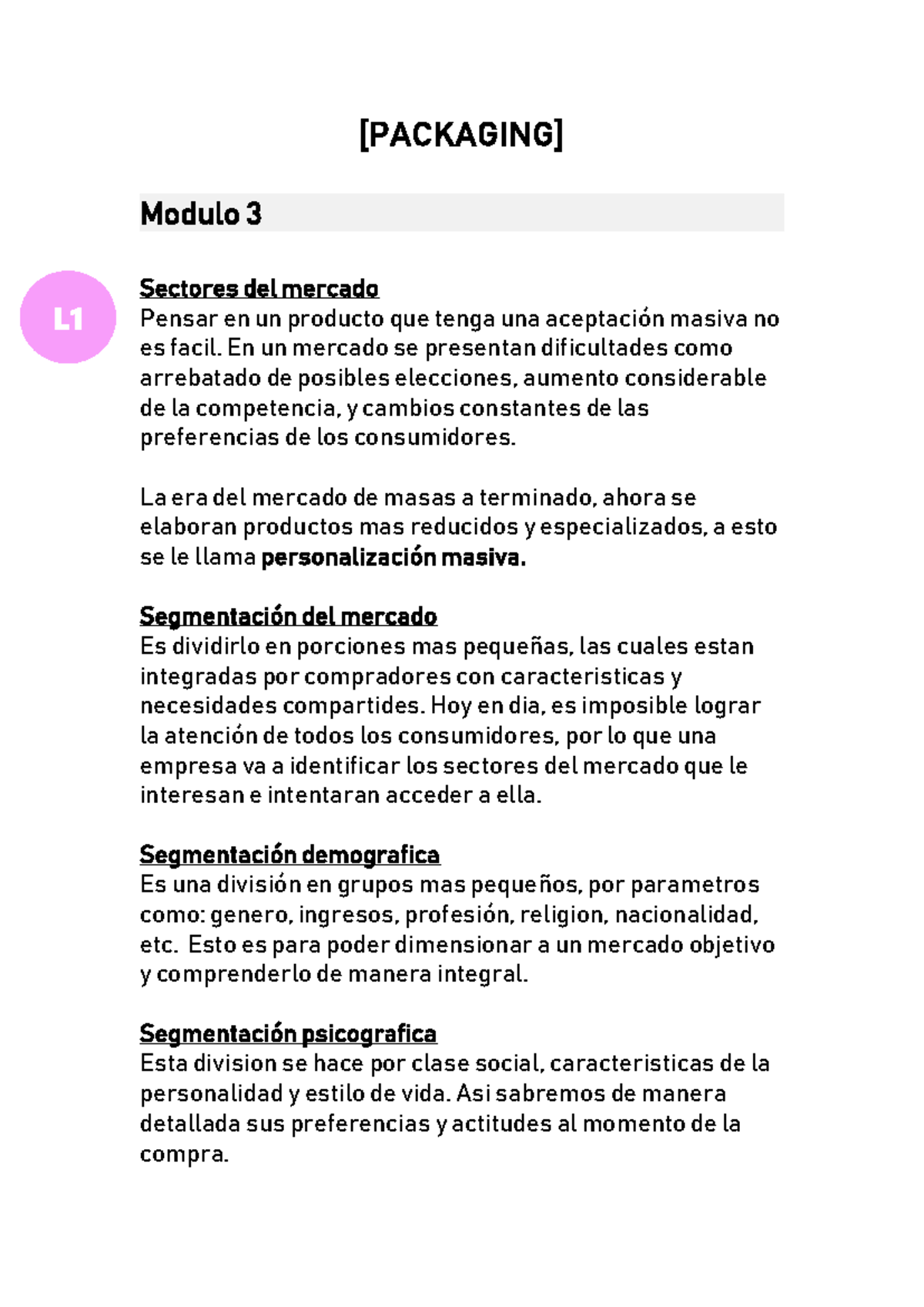 Resumen de Packaging: Módulos 3 y 4 - Segmentación y Estrategias - Studocu
