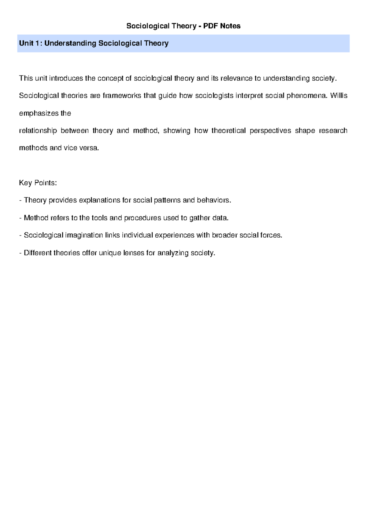 Sociological Theory Notes: Units 1-5 Overview and Key Concepts - Studocu