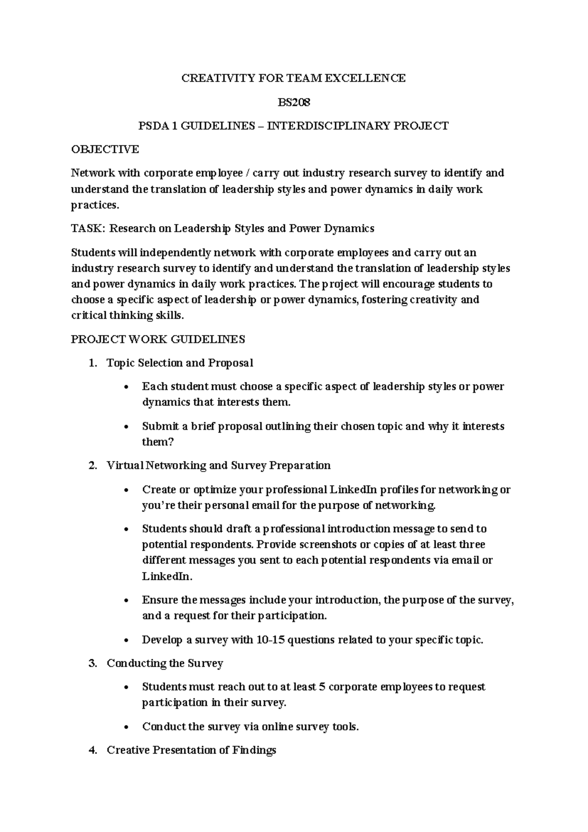 BS208 PSDA 1: Guidelines for Leadership Styles & Power Dynamics Project ...