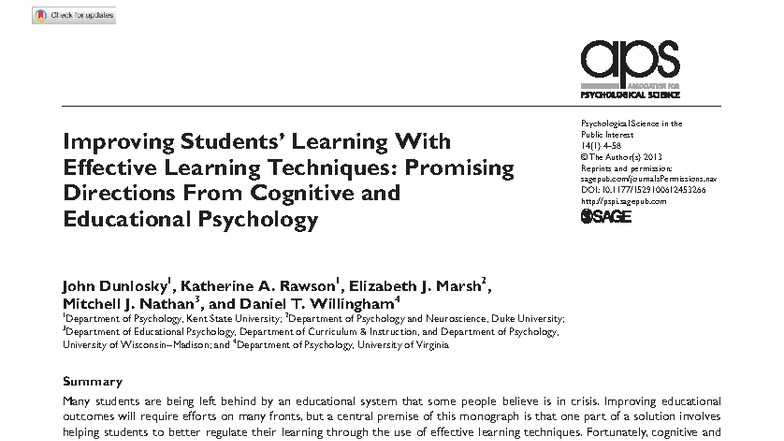 Improving Student Learning with Effective Techniques: Dunlosky et al ...