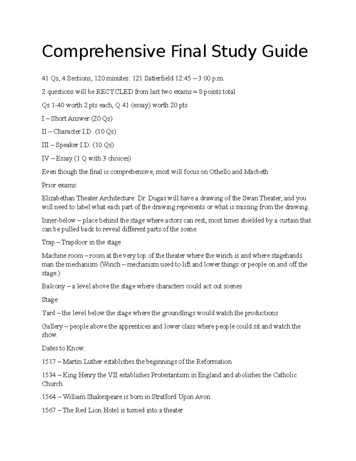 Final Study Guide - 2 questions will be RECYCLED from last two exams ...
