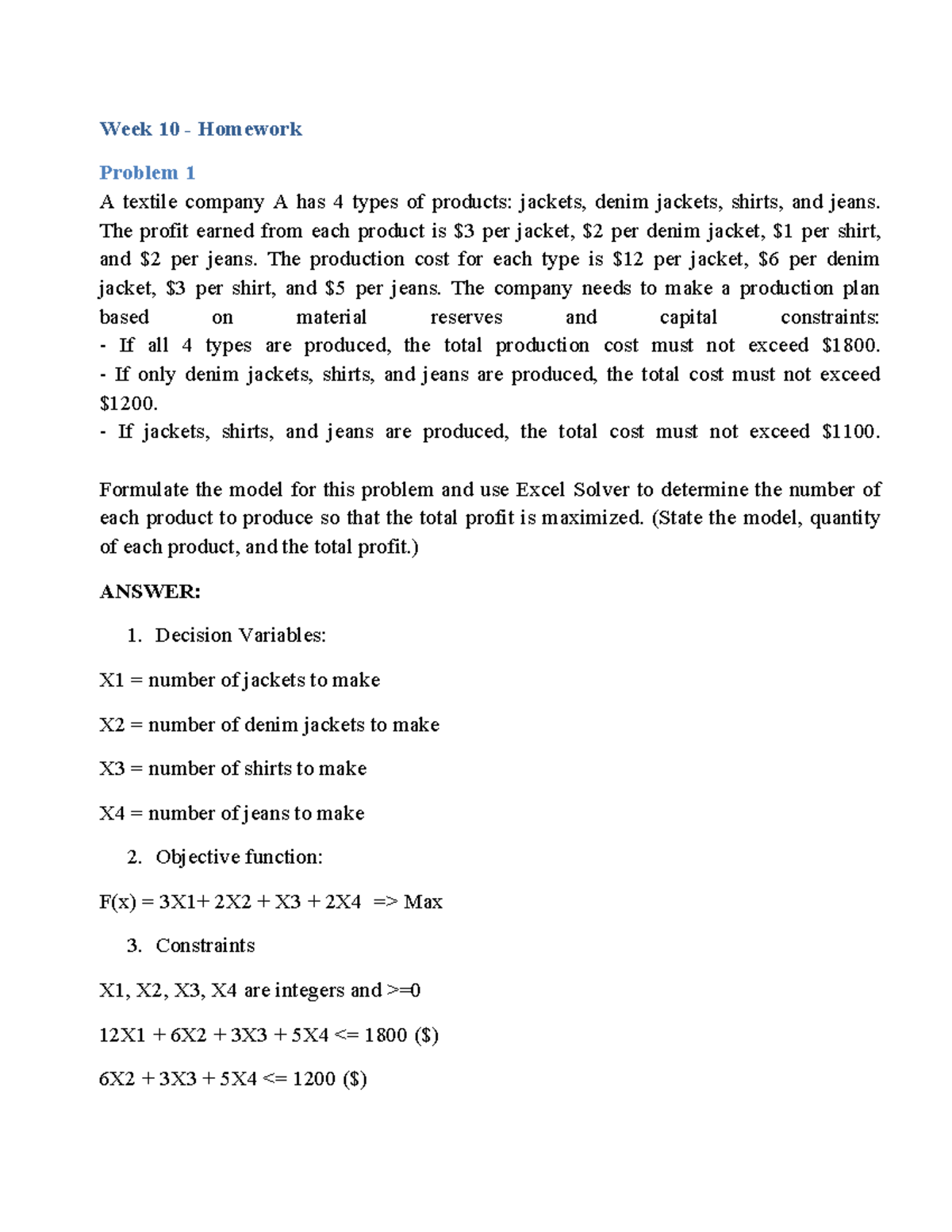 Week 10 - Homework Solutions: Profit Maximization Models - Studocu