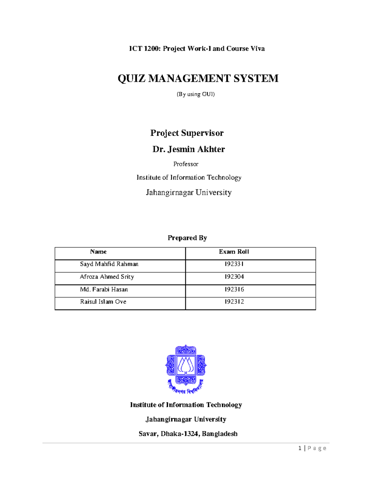 ICT 1200: Quiz Management System - Project Work-I Lecture Notes - Studocu