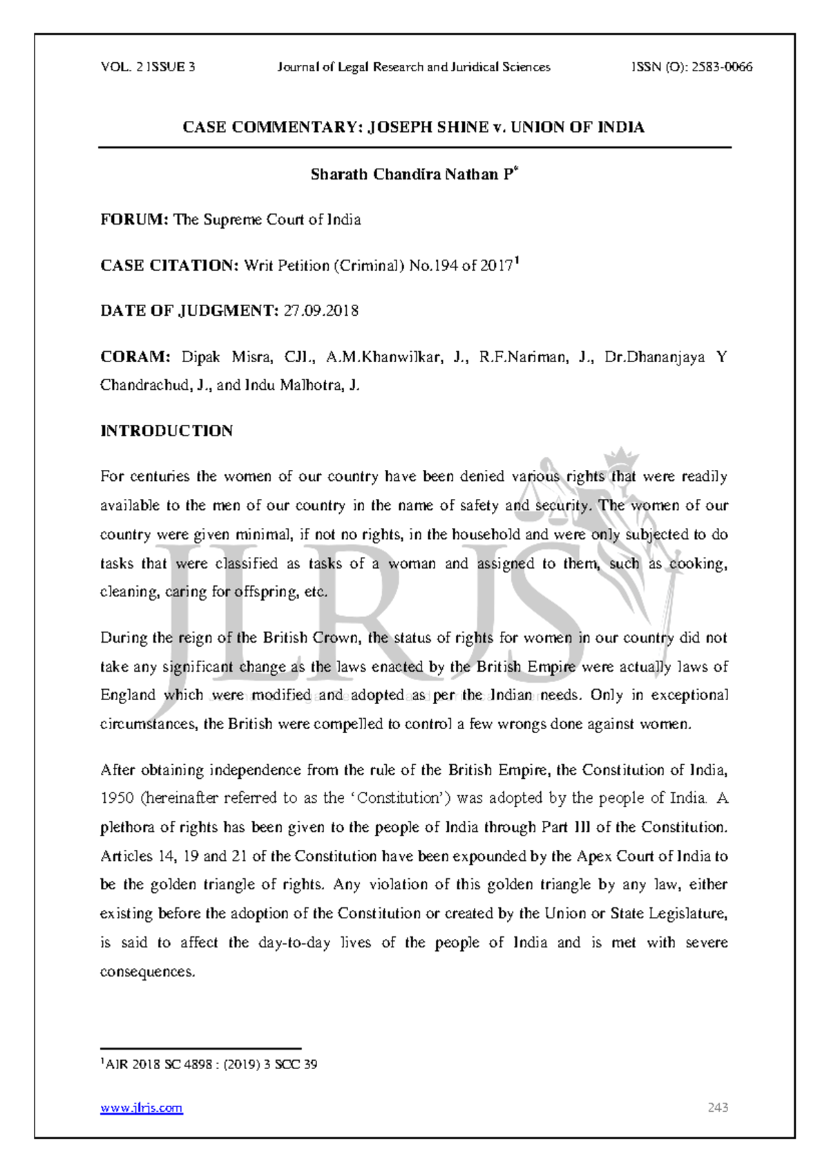 Case Commentary: Joseph Shine v. Union of India (W.P. (Cr) 194/2017 ...