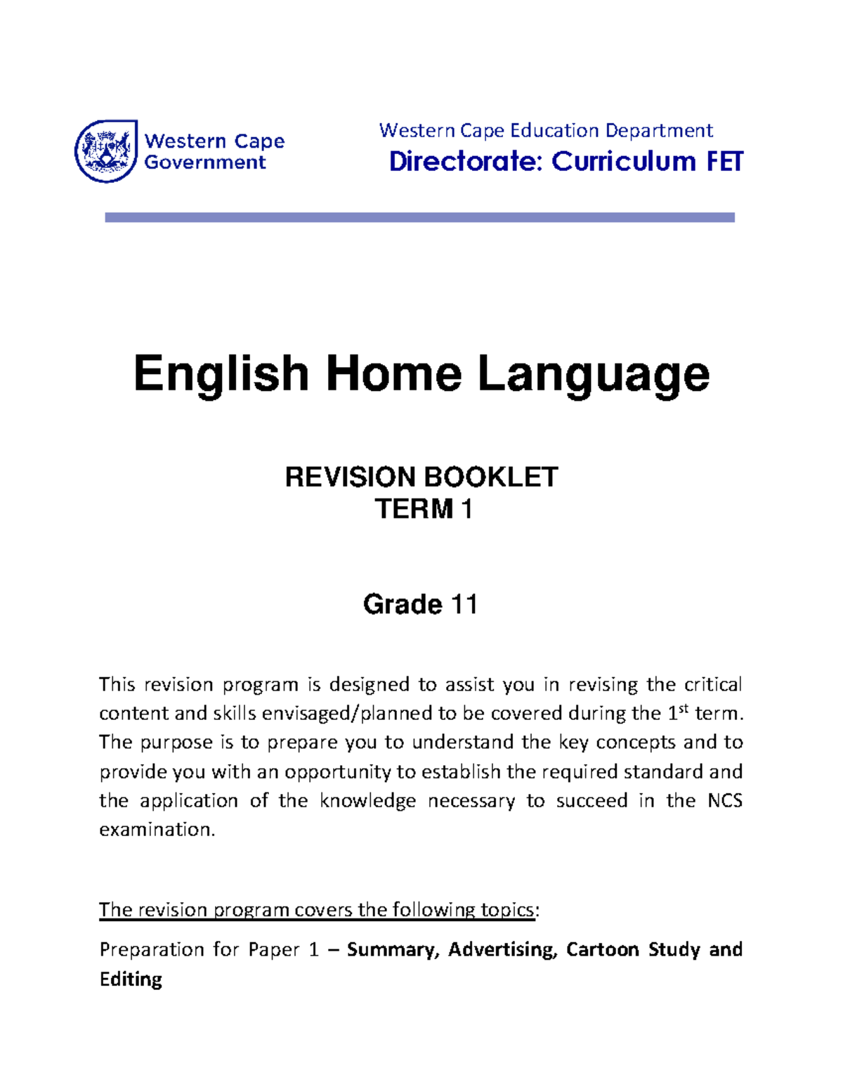 Grade 11 English HL Term 1 Revision Guide 2025: Key Concepts & Skills ...