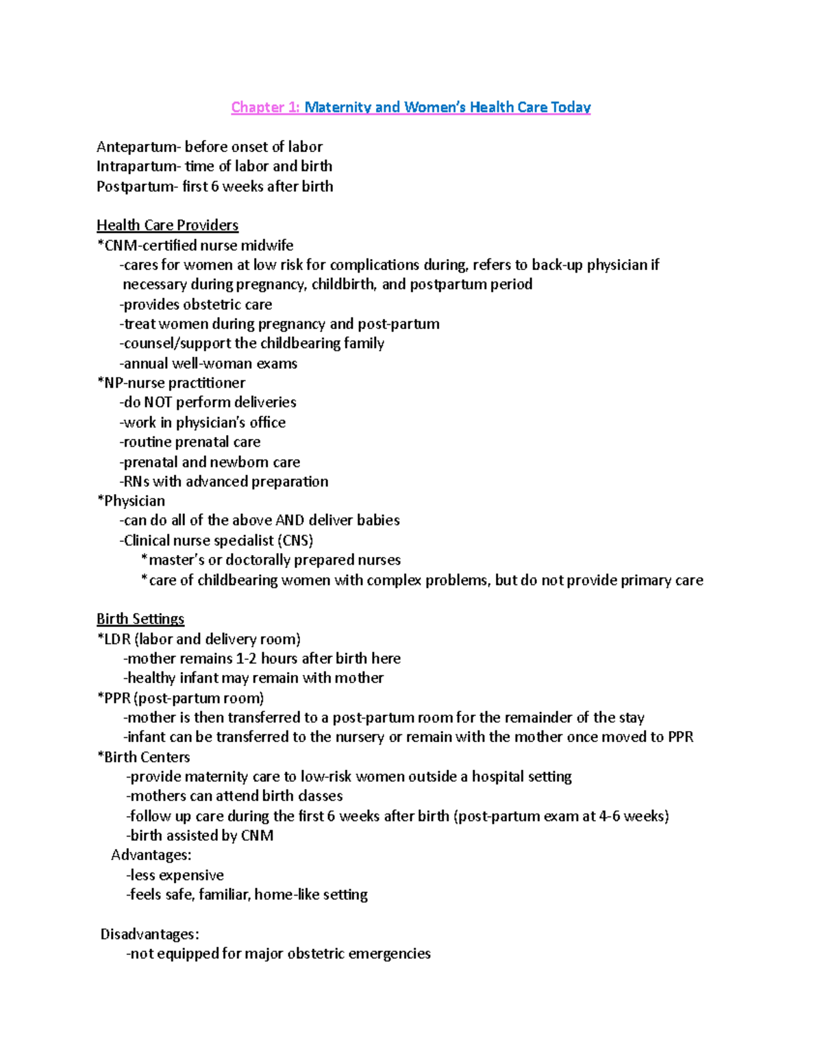 Week 1 review maternal health - Chapter 1: Maternity and Women’s Health ...