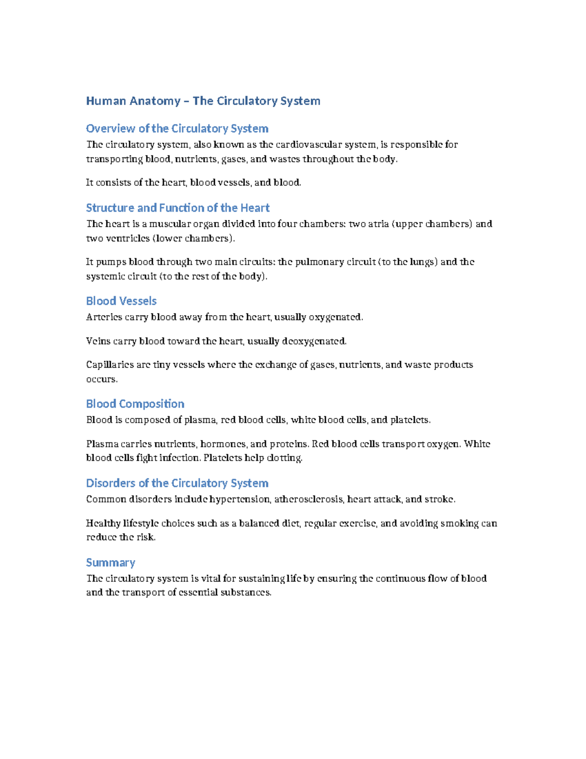 Lecture Notes: Human Anatomy - Circulatory System Overview - Studocu