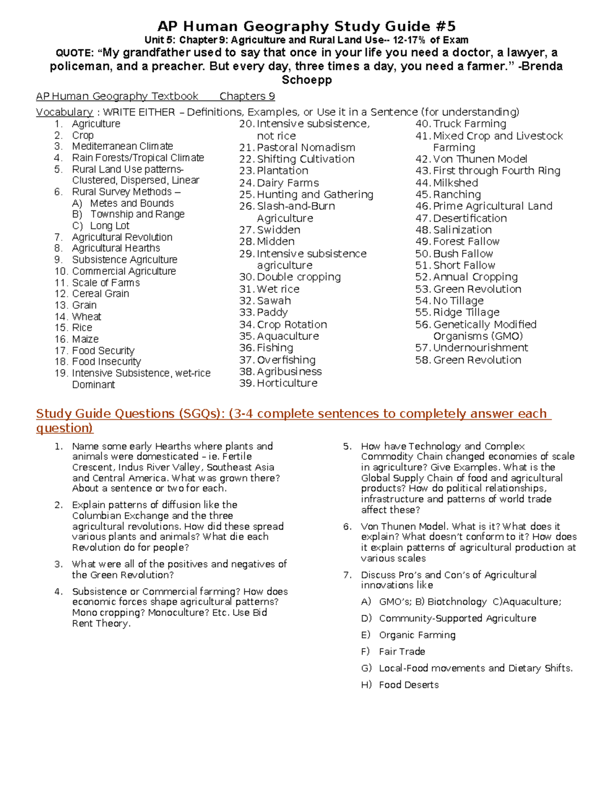 AP Human Geography Study Guide: Unit 5 - Agriculture & Land Use - Studocu