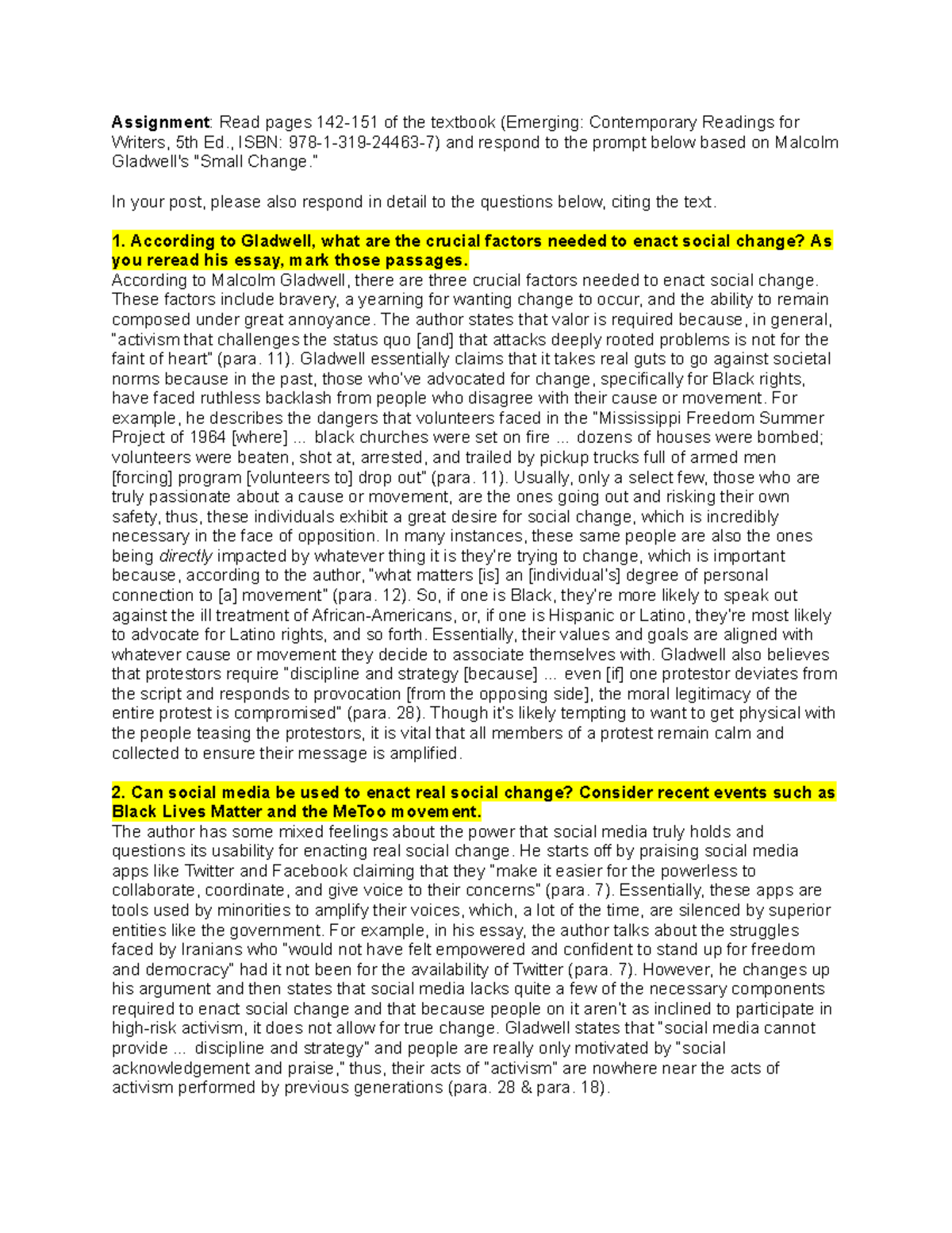Discussion Response: Analyzing 'Small Change' by Malcolm Gladwell - Studocu