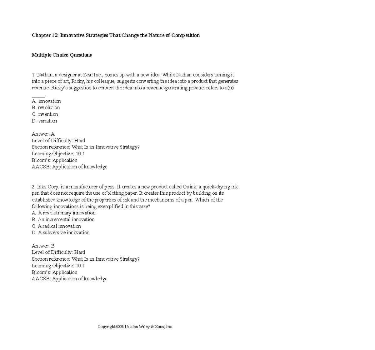 Chapter 10 - MCQs on Innovative Strategies in Competition - Studocu
