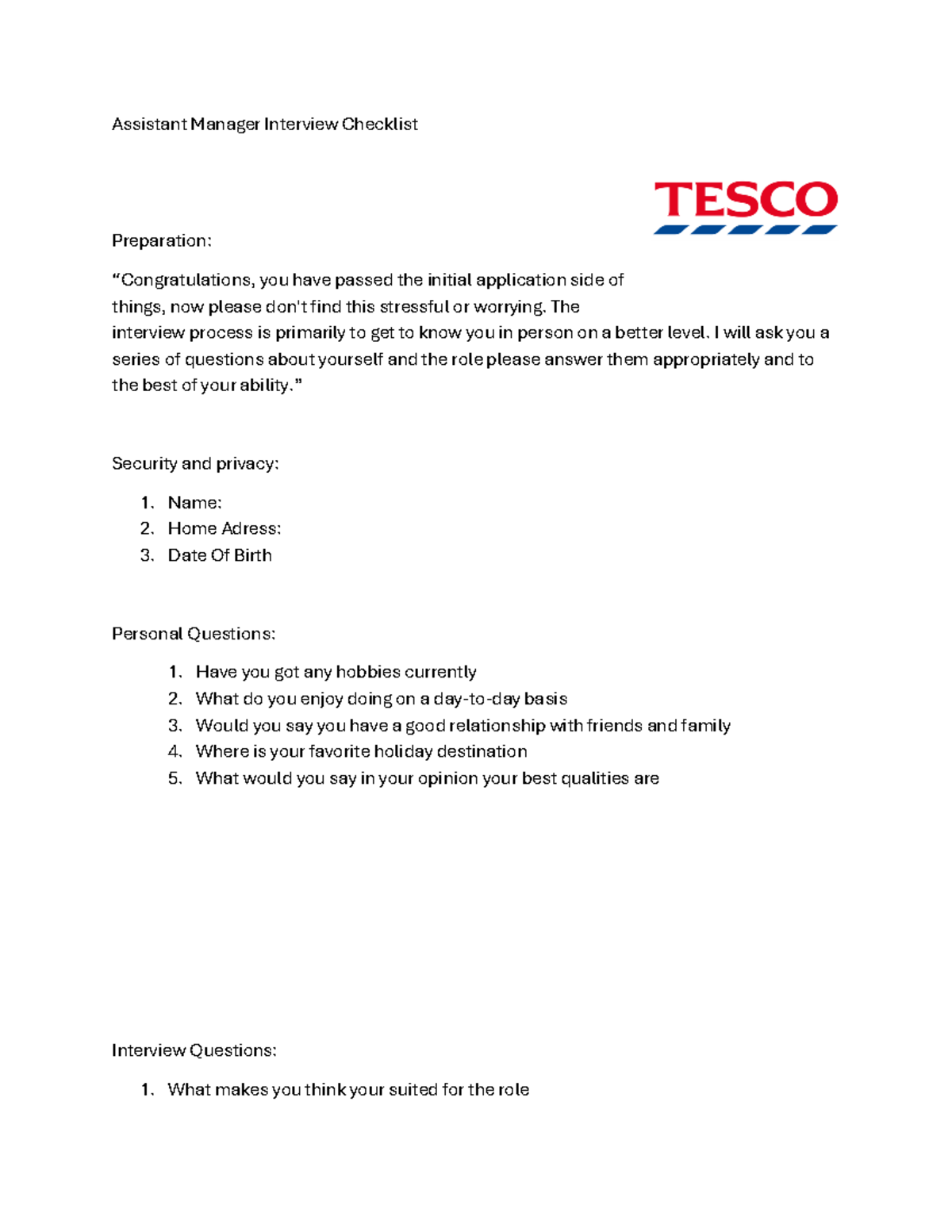 Assistant Manager Interview Checklist: Preparation Guide - Studocu