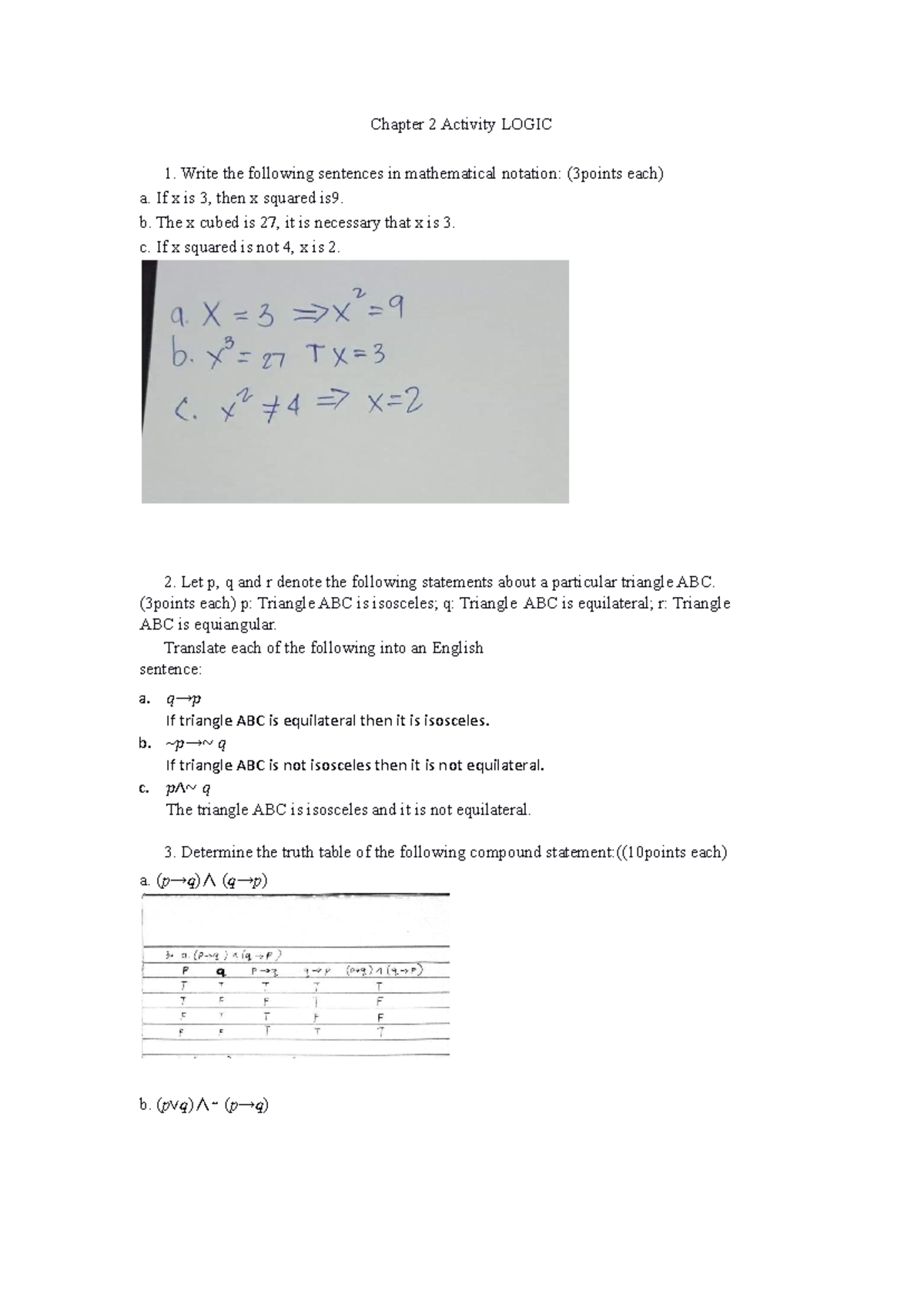 MATH 103: Chapter 2 Activity on Logic and Truth Tables - Studocu
