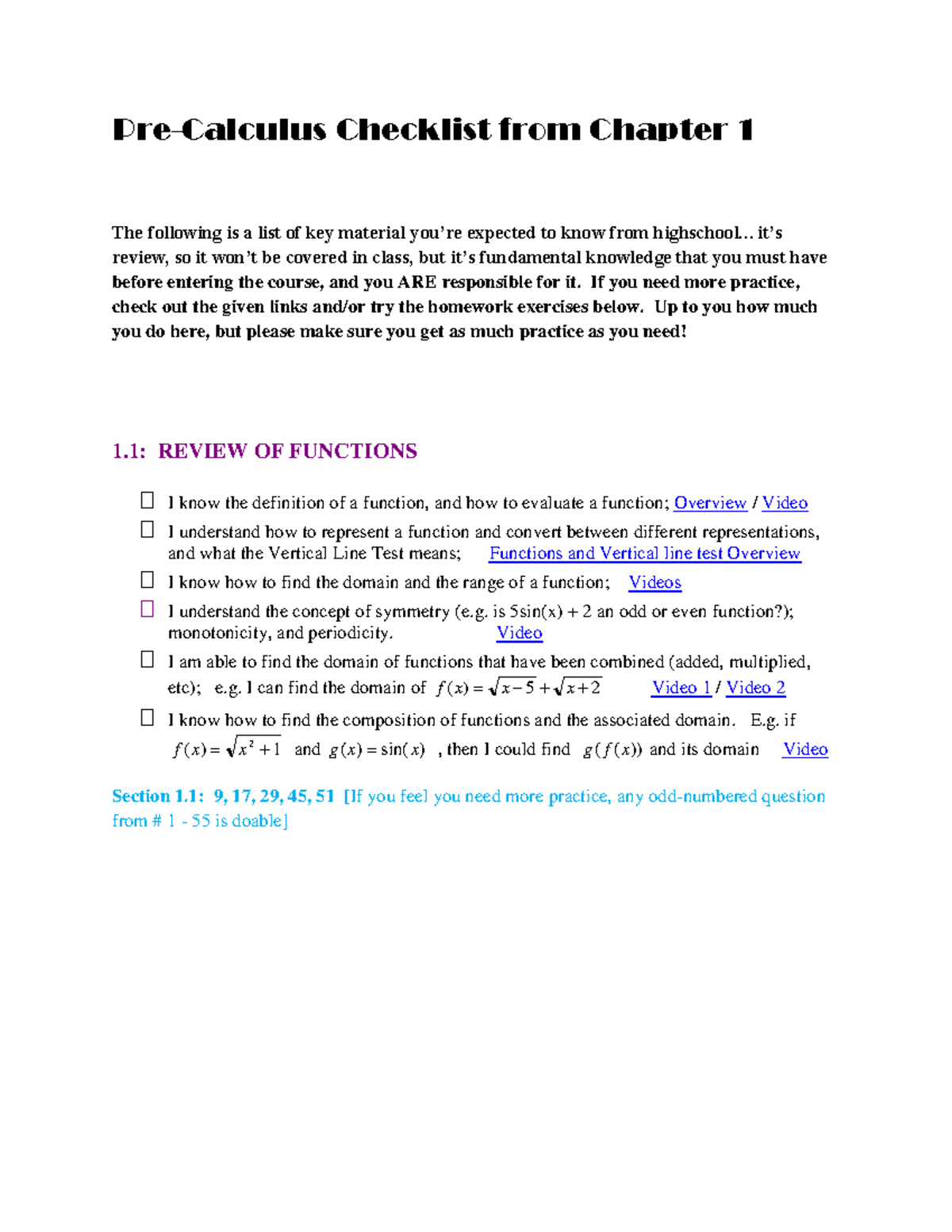 Pre-Calc (MATH101) Review Checklist: Key Concepts from Chapter 1 - Studocu
