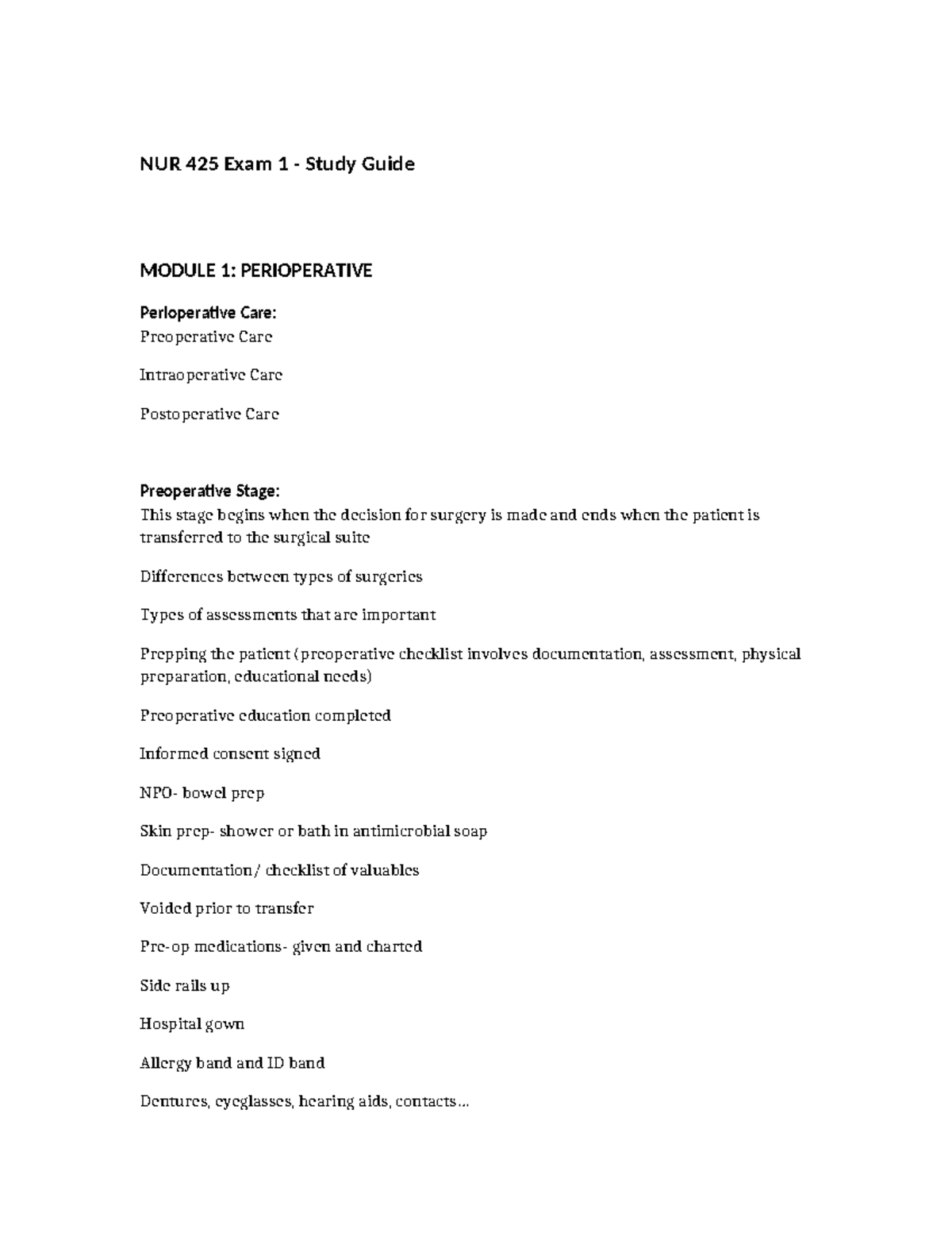 NUR 425 Exam 1 Study Guide: Perioperative & Neurologic Care - Studocu