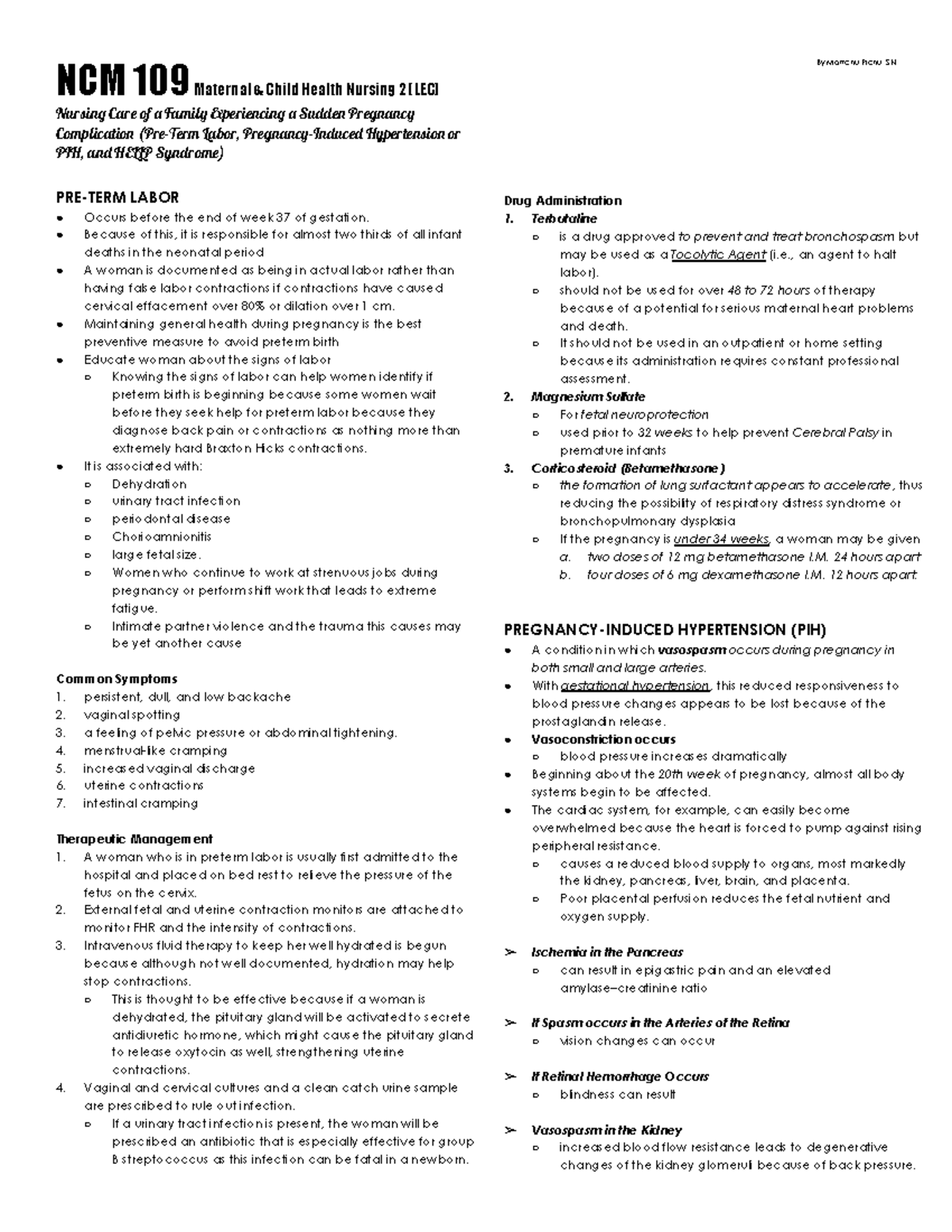 NCM 109 Chapter 21: Preterm Labor, PIH & HELLP Syndrome Notes - Studocu
