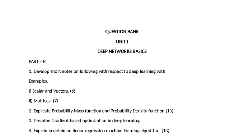 Question BANK - DEEP LEARNING - QUESTION BANK UNIT I DEEP NETWORKS ...