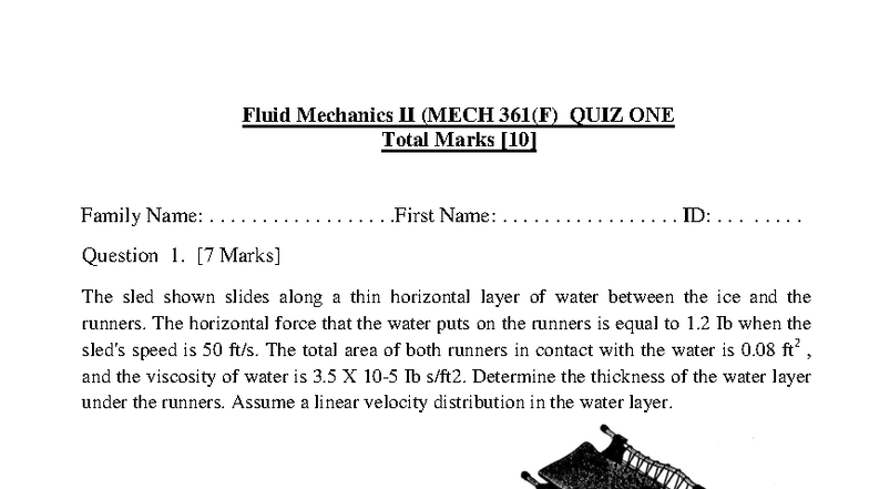 Fluid Mechanics II (MECH 361(F) QUIZ ONE Answers and Solutions - Studocu