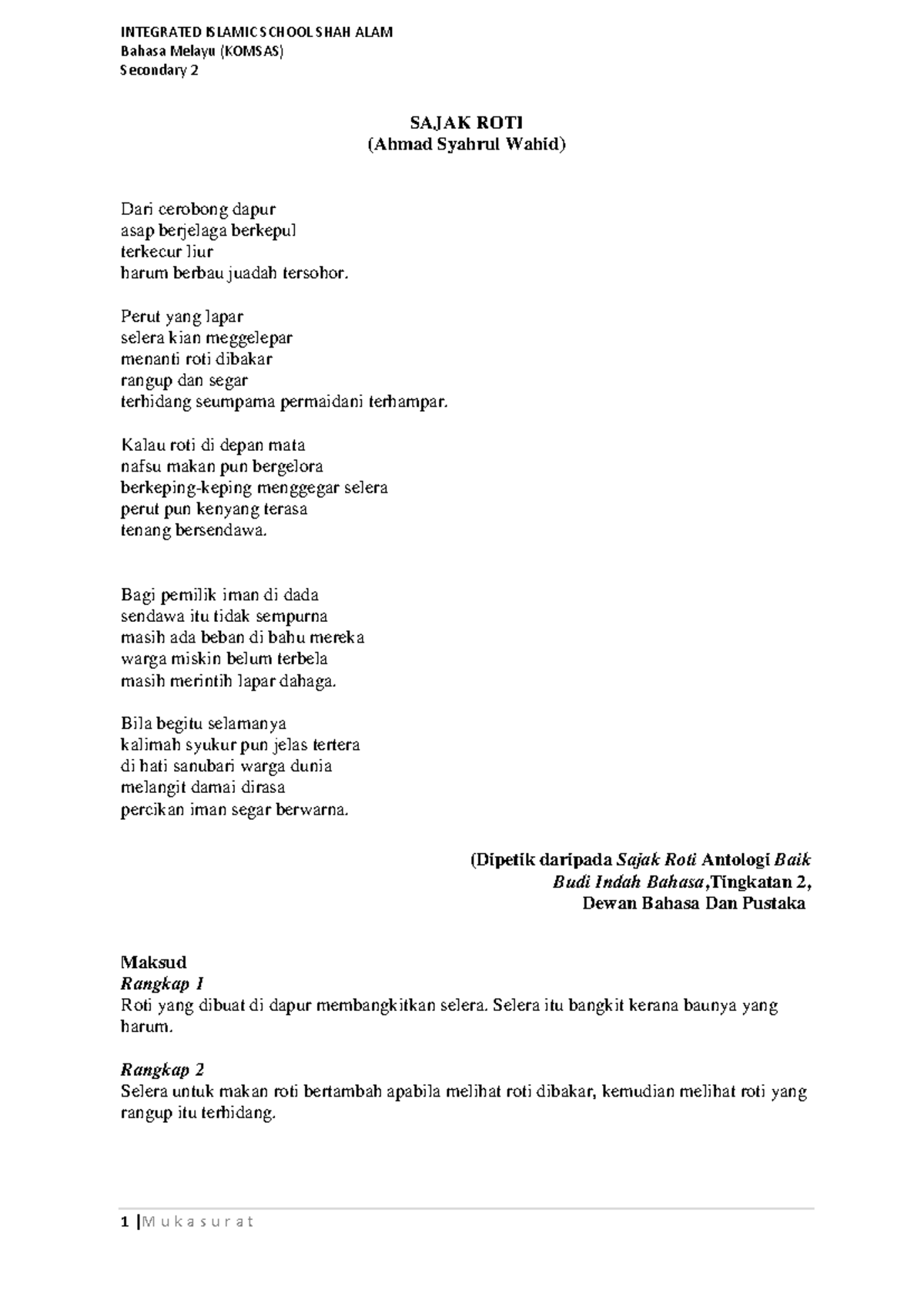 Sajak Roti: Nota KOMSAS Tingkatan 2 dari Integrated Islamic School ...