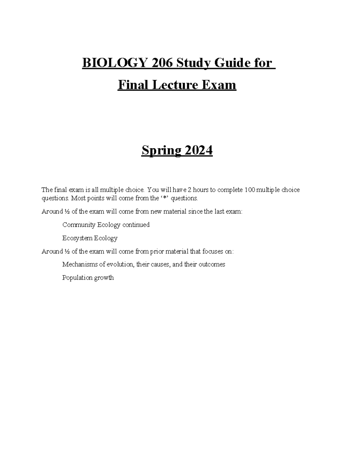 BIOLOGY 206 Final Exam Study Guide: Key Concepts & Topics Spring 2024 ...