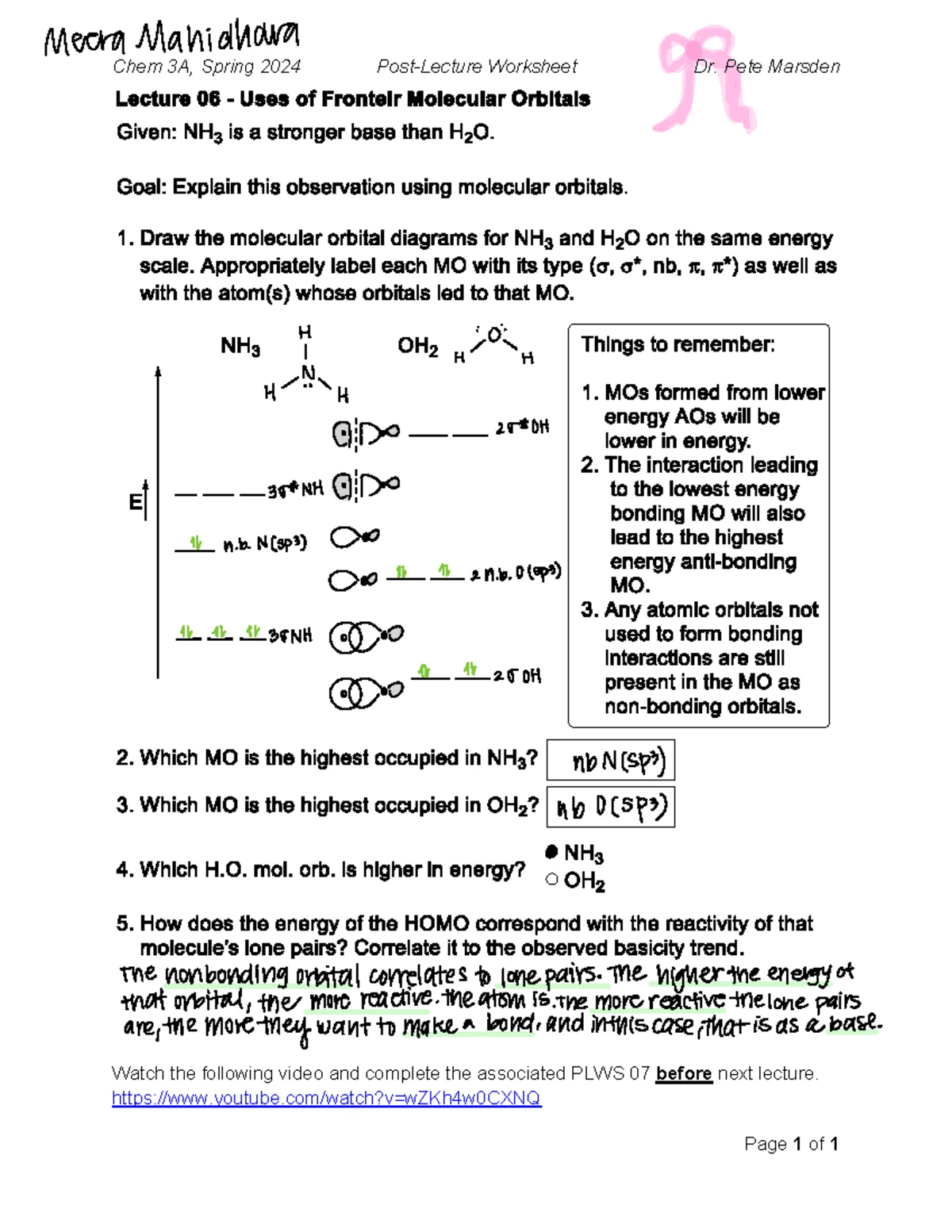 PLWS 11 - Chem 3A Spring 2024 Post-Lecture Worksheet Overview - Studocu