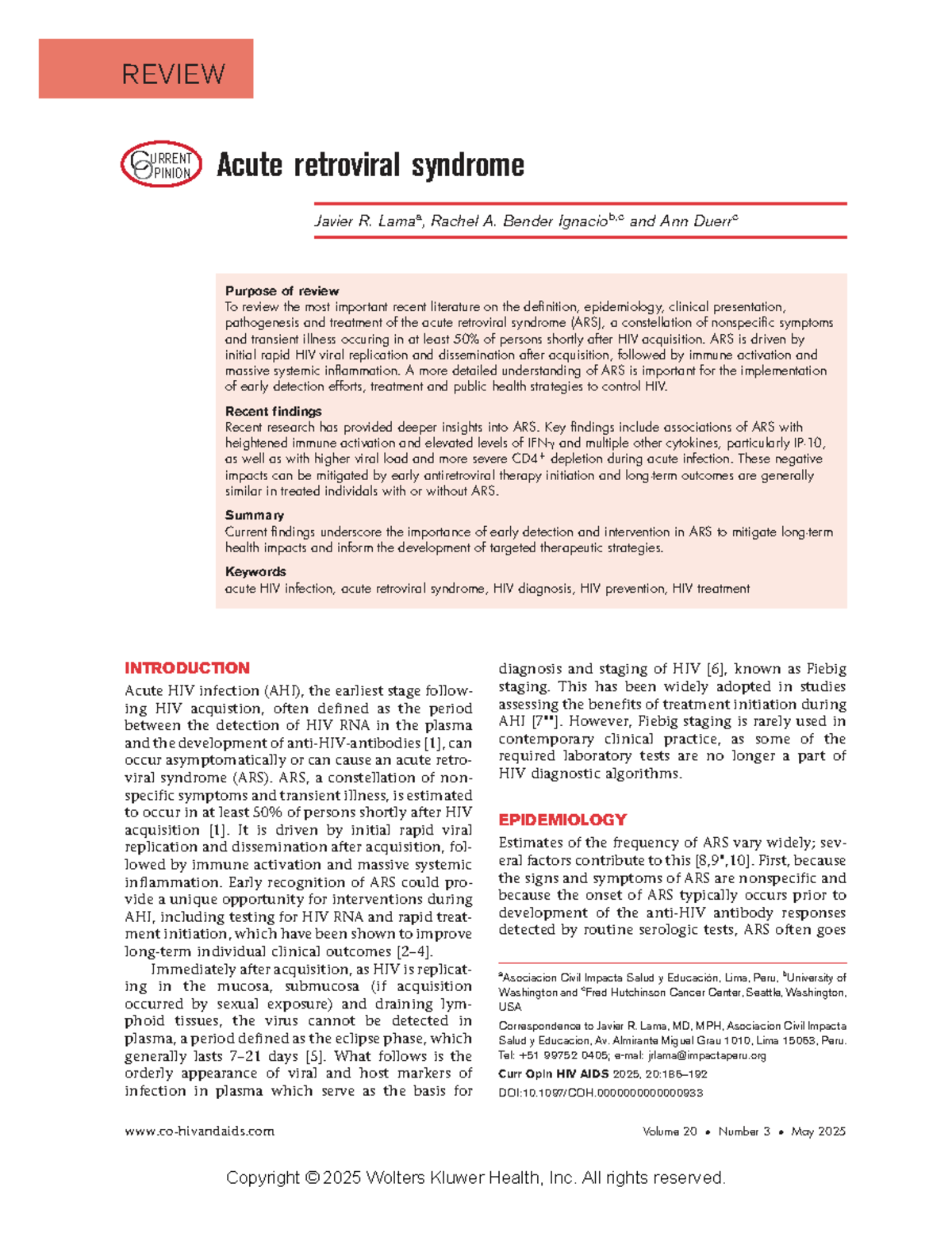 REVIEW: Current Opinion on Acute Retroviral Syndrome (ARS) - Studocu