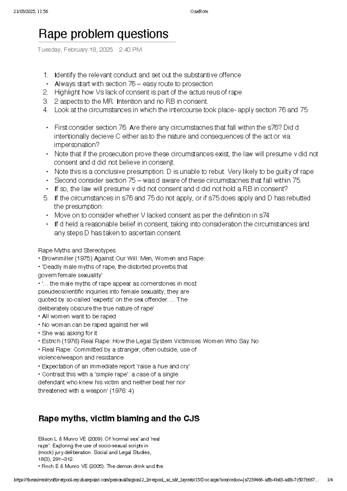 Criminal Law 15: Lecture Notes on Rape Myths and Legal Framework - Studocu