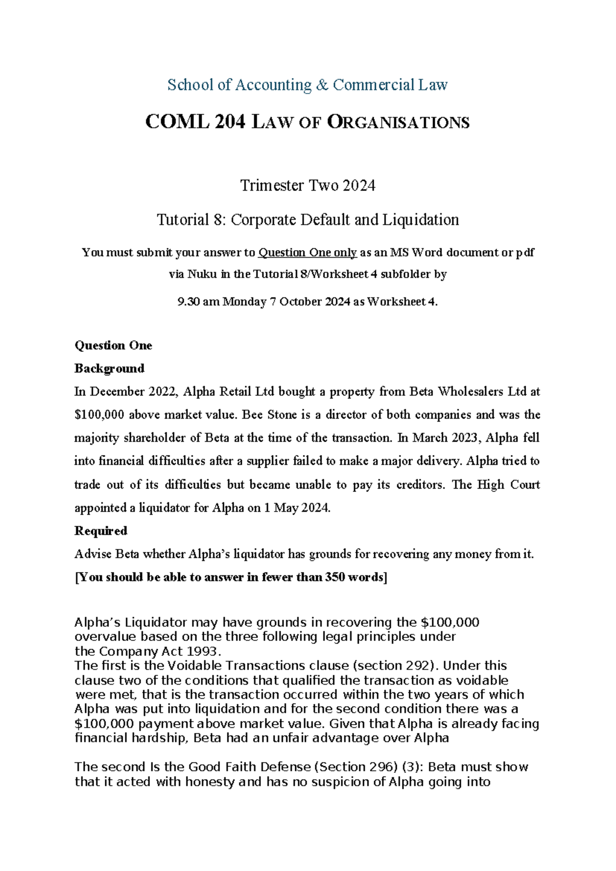 COML204 Worksheet 4 - School of Accounting & Commercial Law COML 204 ...