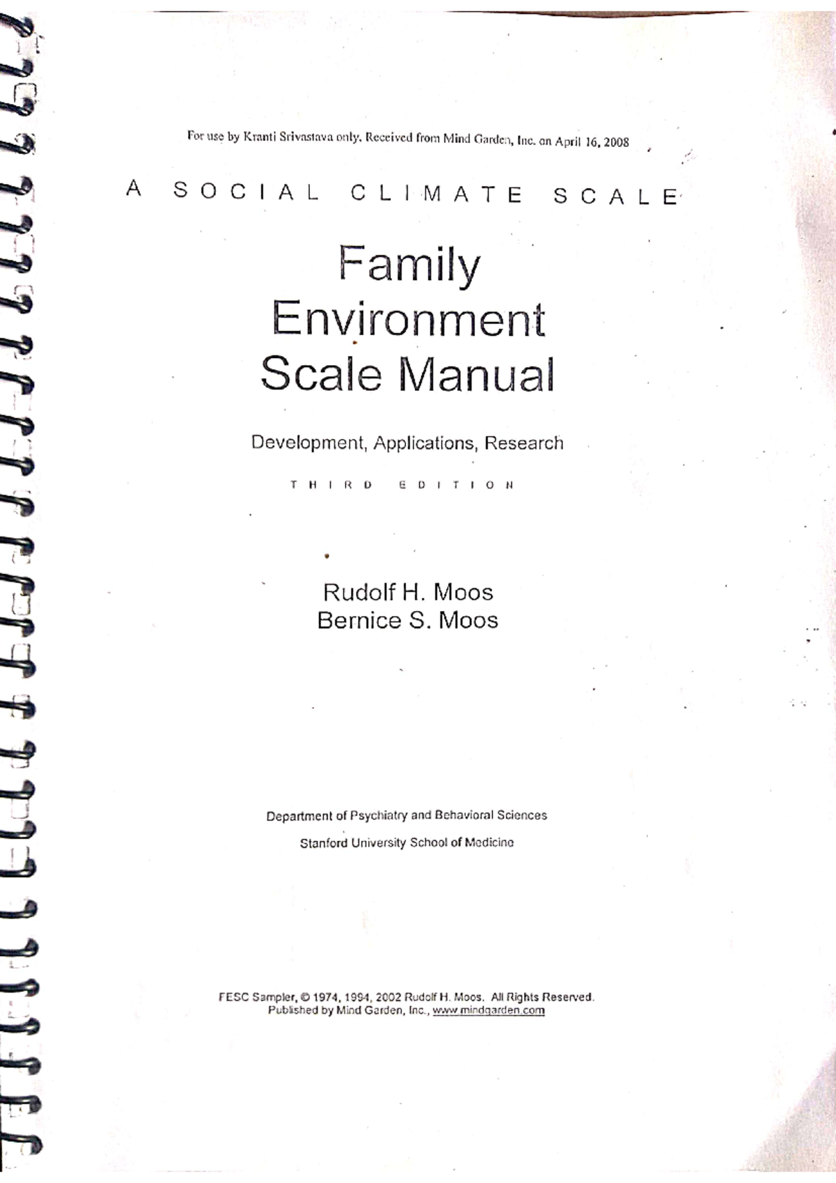 Family Environment Scale Manual: A Comprehensive Guide - Studocu