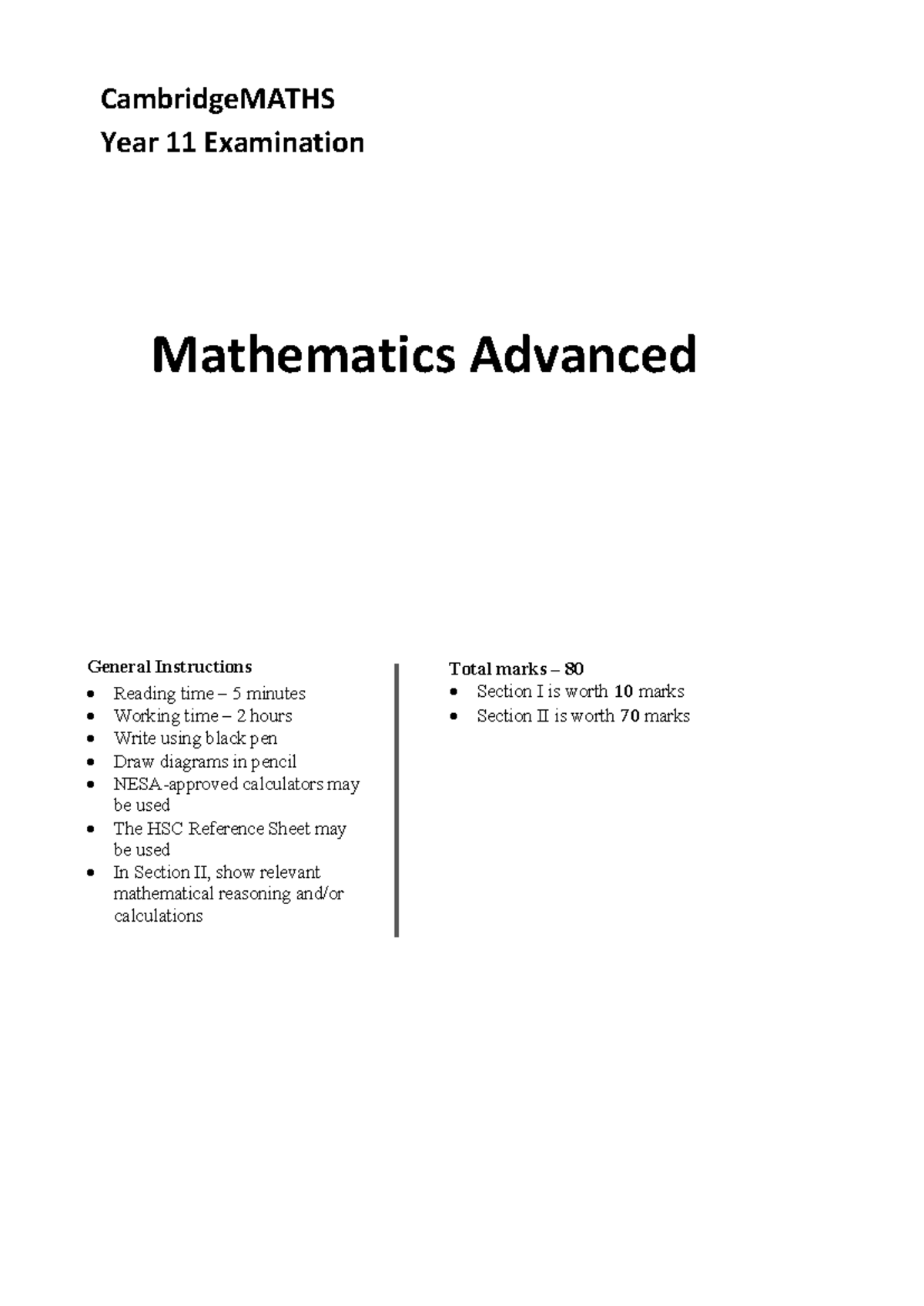 CambridgeMATHS Year 11 Advanced Practice Examination Guide - Studocu