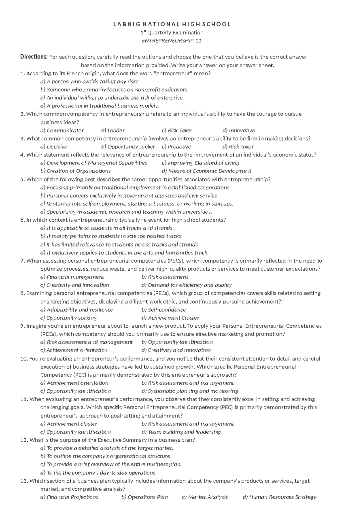 Entrep q1 examination - L A B N I G N A T I O N A L H I G H S C H O O L ...