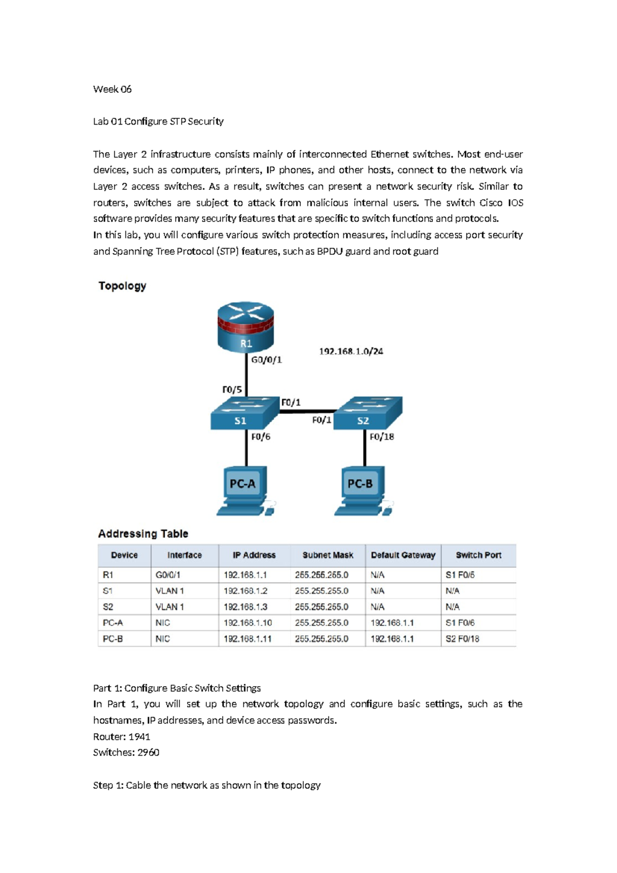 PT - Week 06 Lab 01: Configuring STP Security on Ethernet Switches ...
