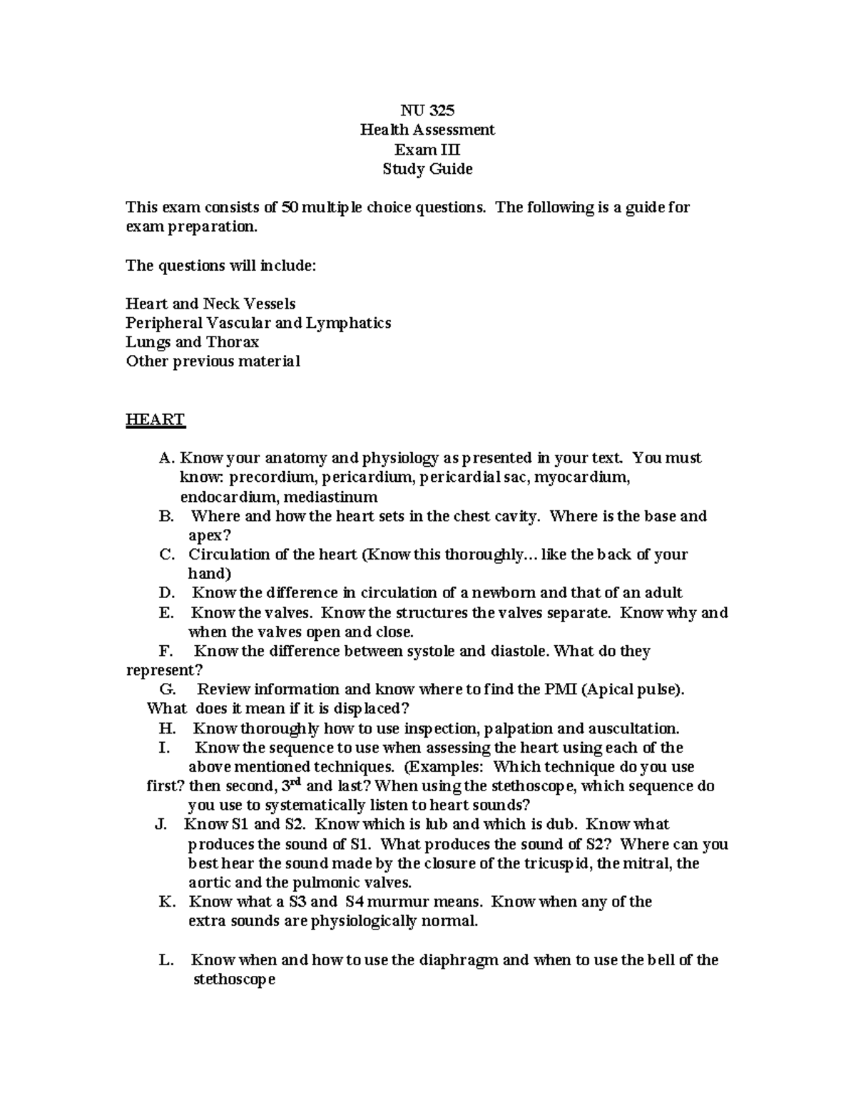 NU 325 Health Assessment Exam III Study Guide Overview - Studocu