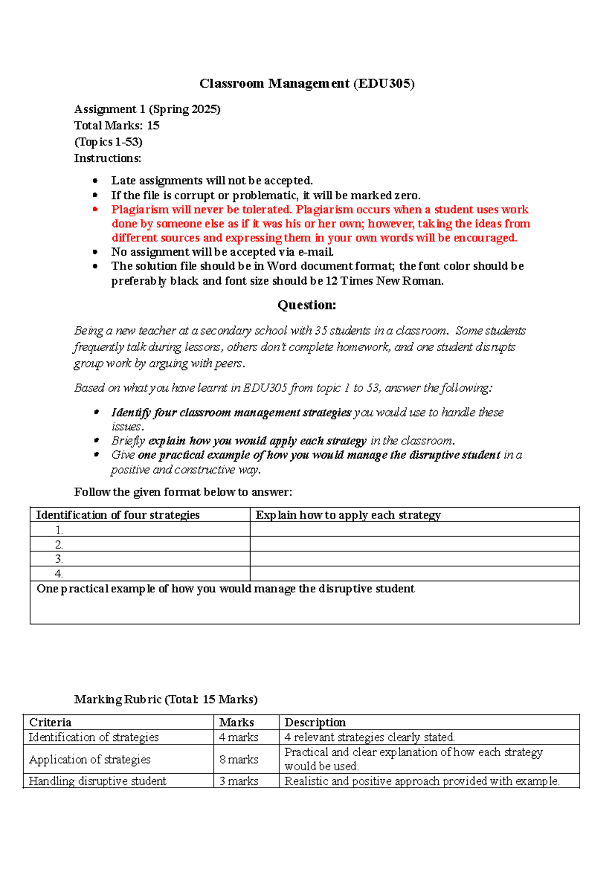 Classroom Management Strategies (EDU305) Assignment 1 Guide - Studocu
