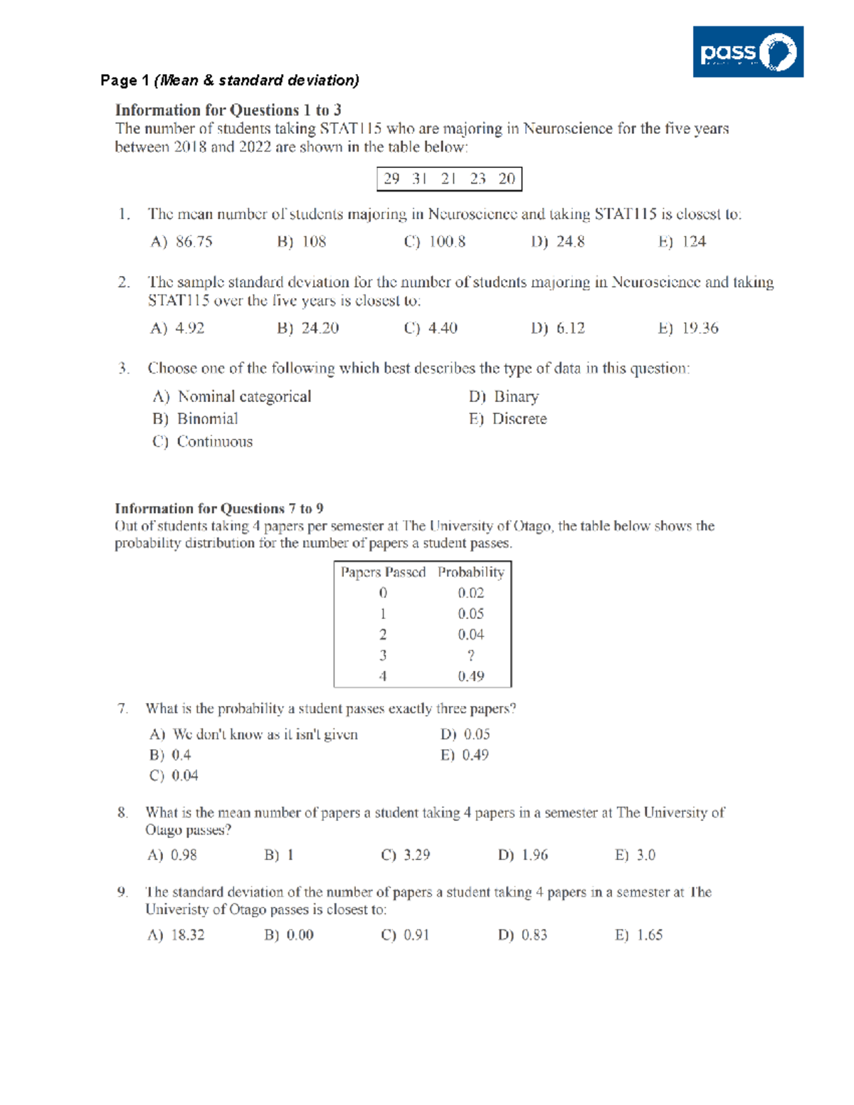 STAT110 exam - Statistical Methods - Page 1 (Mean & standard deviation ...