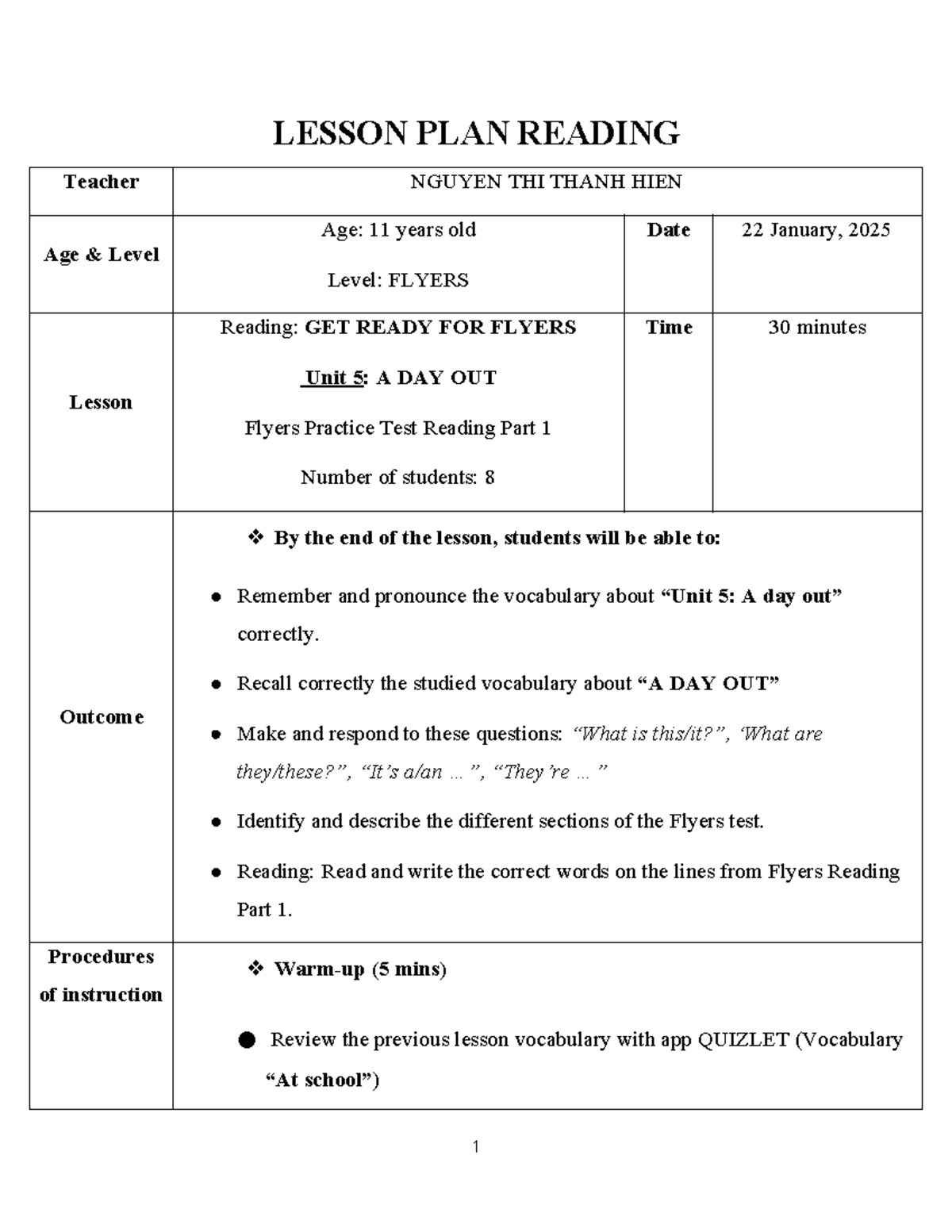 FLYERS Reading Lesson Plan - Unit 5: A Day Out - Studocu