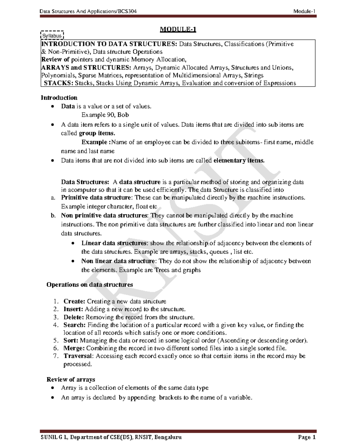 01.DS Module 1 - Introduction to Data Structures Notes - Studocu