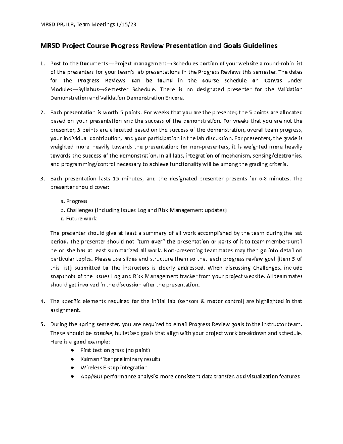 MRSD PR, ILR: Team Meeting Guidelines for Progress Review Presentations ...