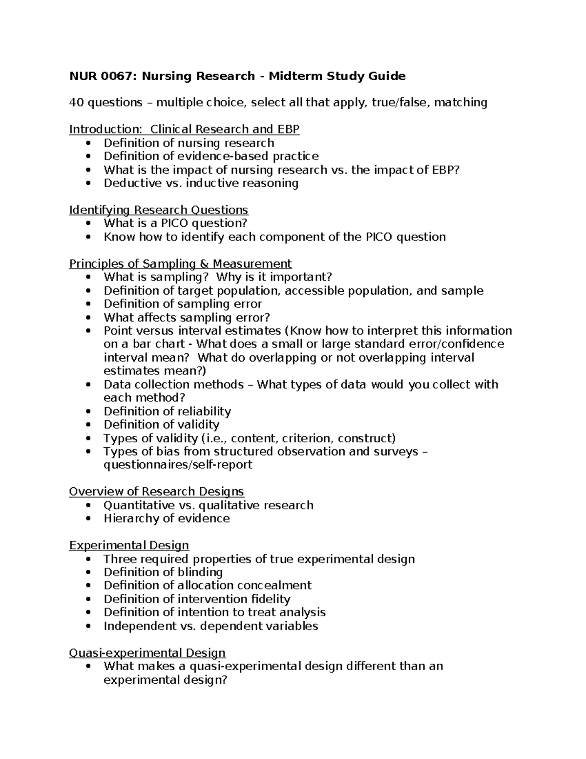 NUR 0067: Nursing Research Midterm Study Guide Overview & Key Concepts ...