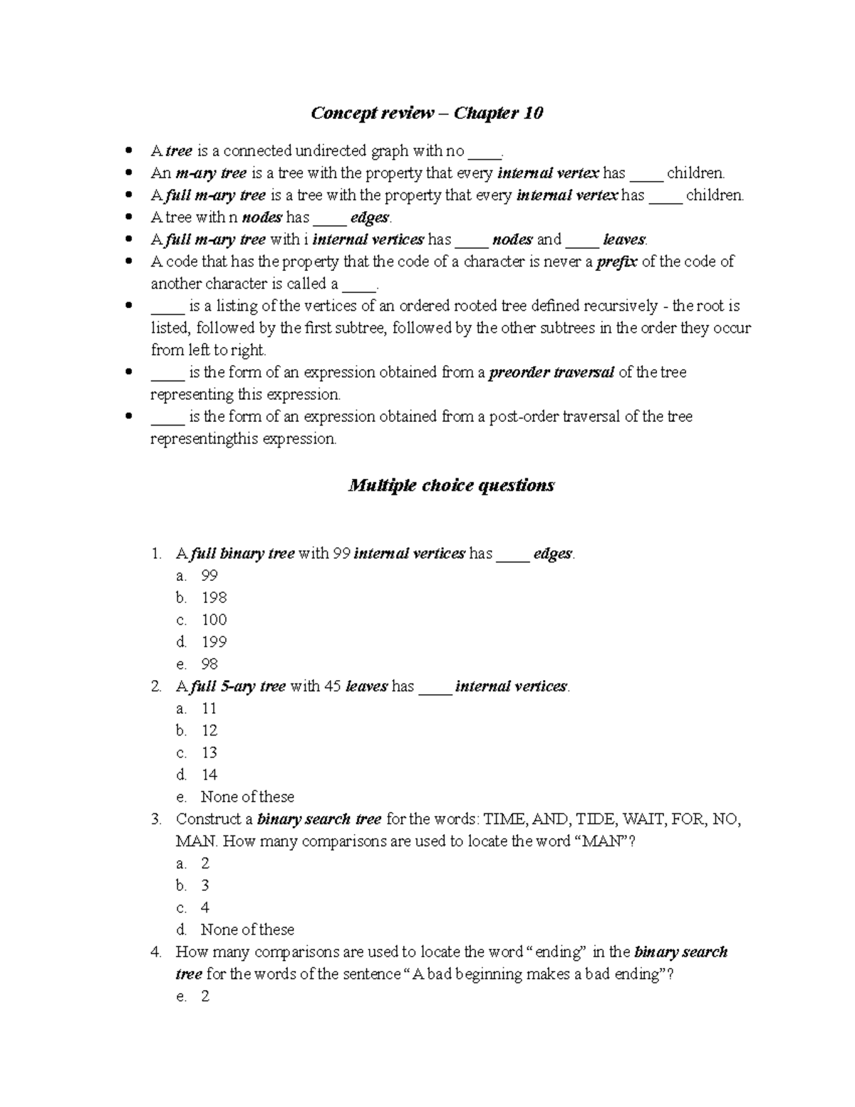 Concept review - Chapter 10 - Concept review – Chapter 10 A tree is a ...