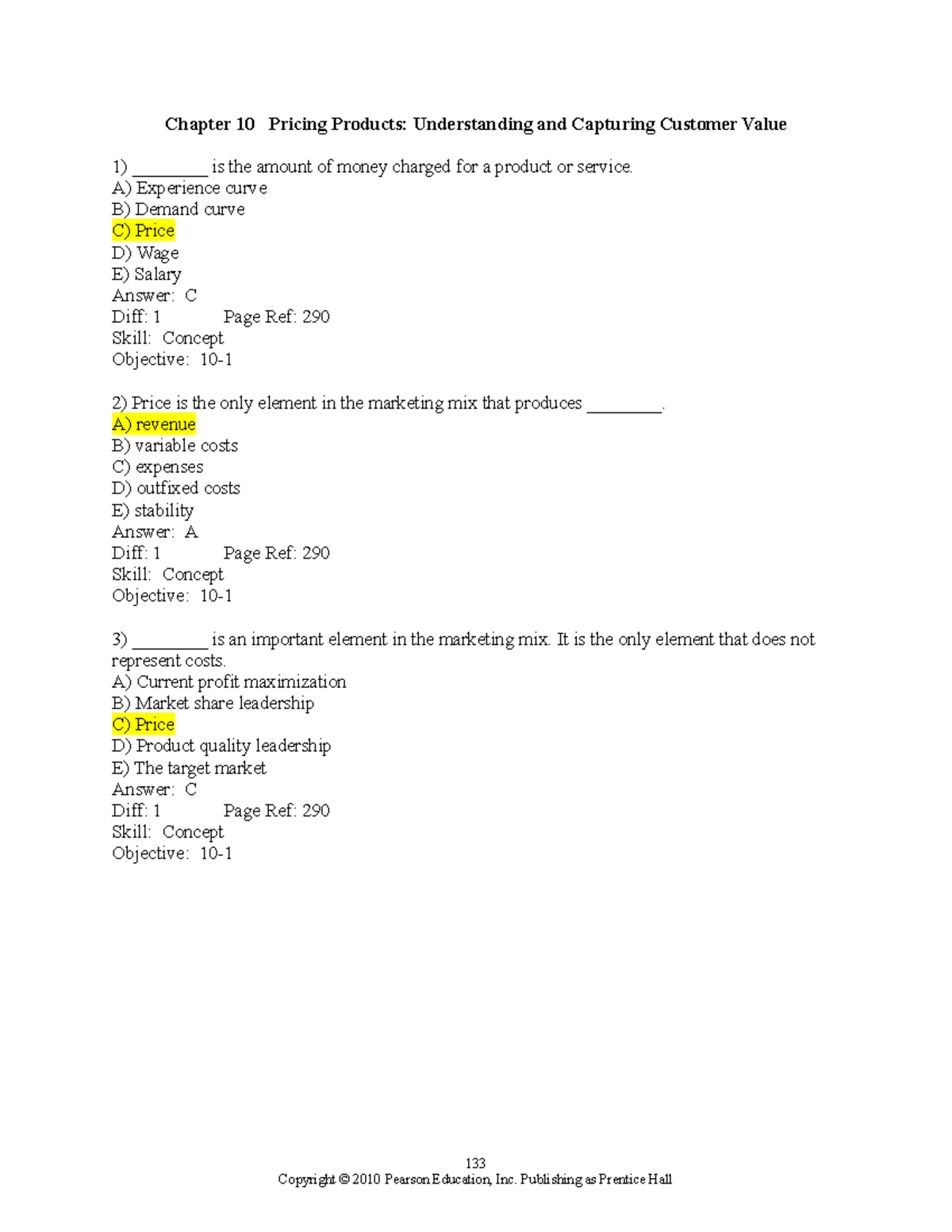 Marketing Management MKT 101 Chapter 10 MCQs on Product Pricing ...