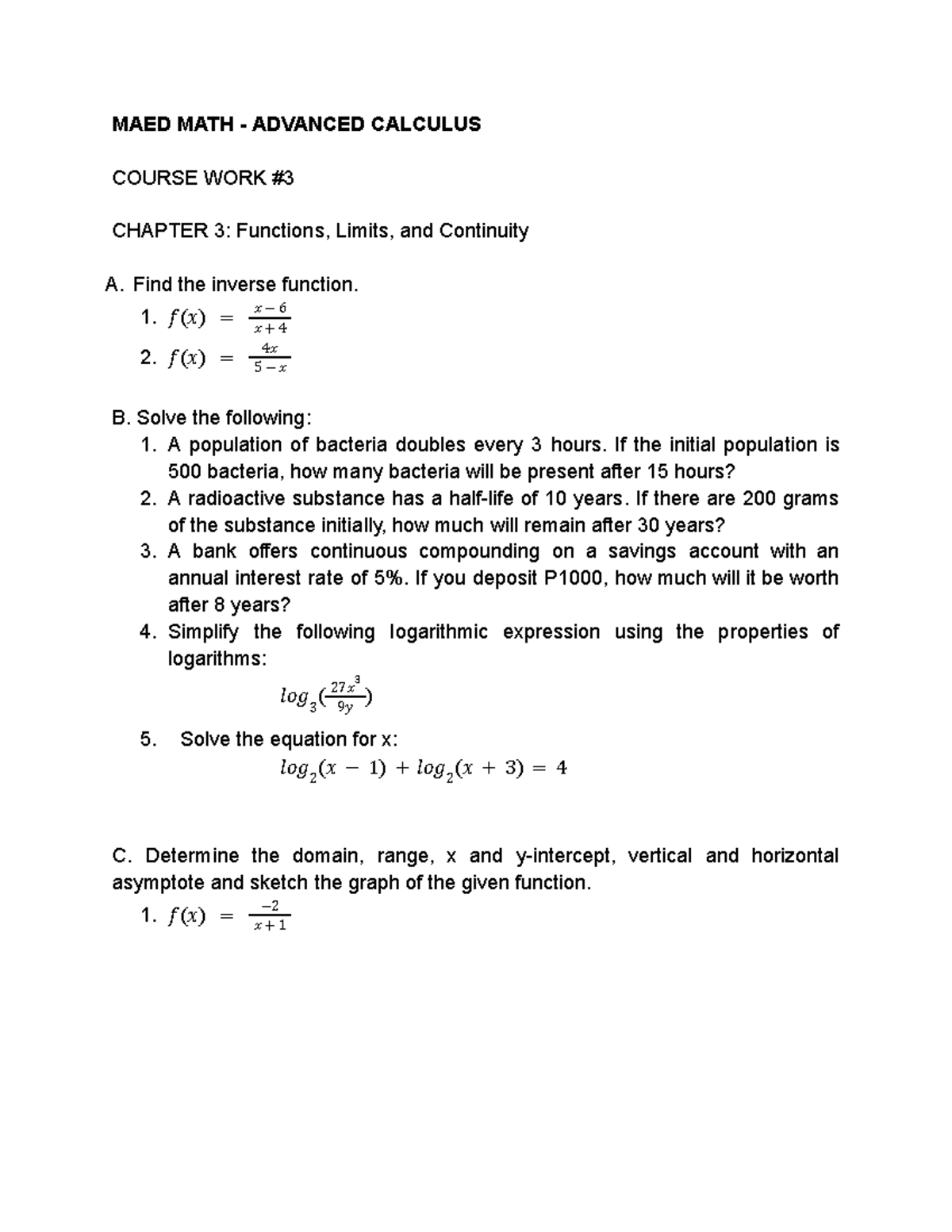 Coursework - Problem and Solution Sets (Advanced Calculus) - MAED MATH ...