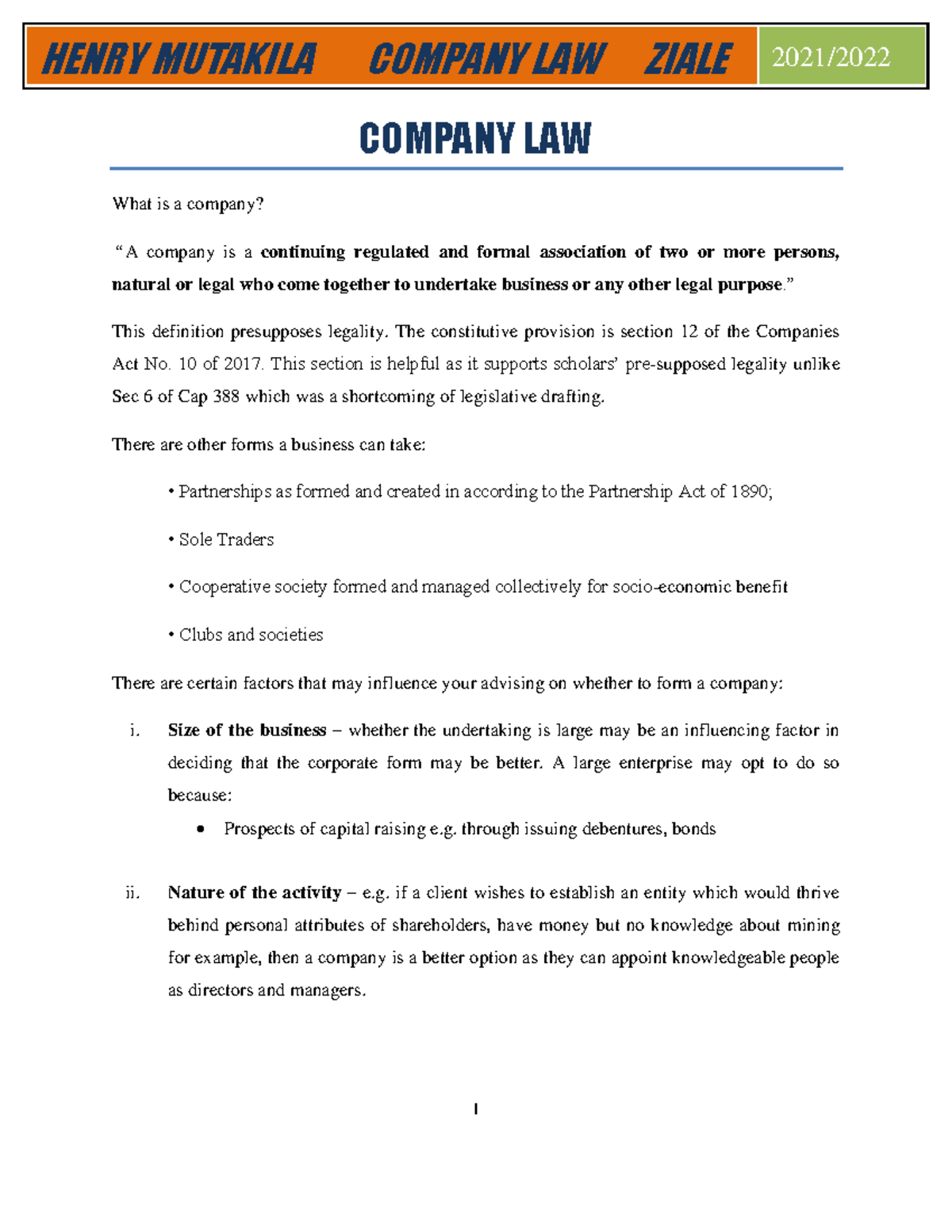 Mutakila Company Law Notes - ZIALE Overview and Key Concepts - Studocu