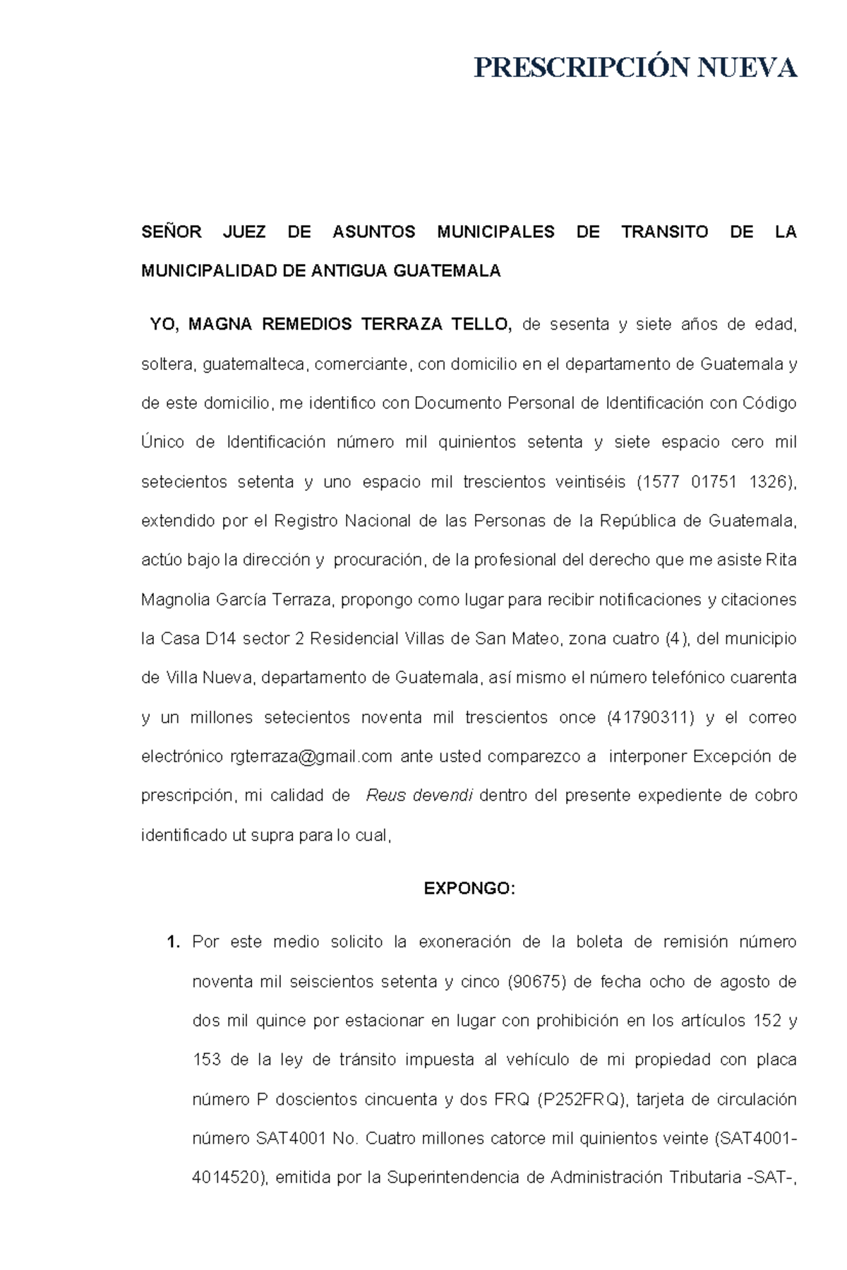 Solicitud de Excepción de Prescripción Multa de Tránsito en Guatemala - Document Preview