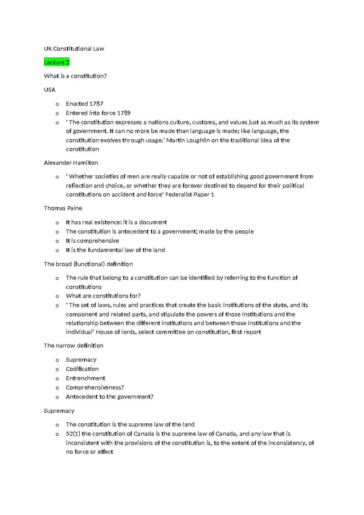 UK Constitutional Law Notes - UK Constitutional Law Lecture 2 What is a ...