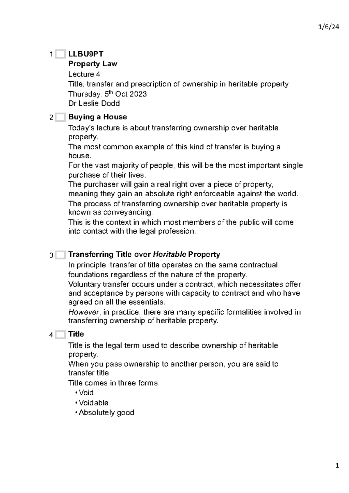 Lecture 4 - LLBU9PT - Property Law: Title, Transfer & Ownership - Studocu