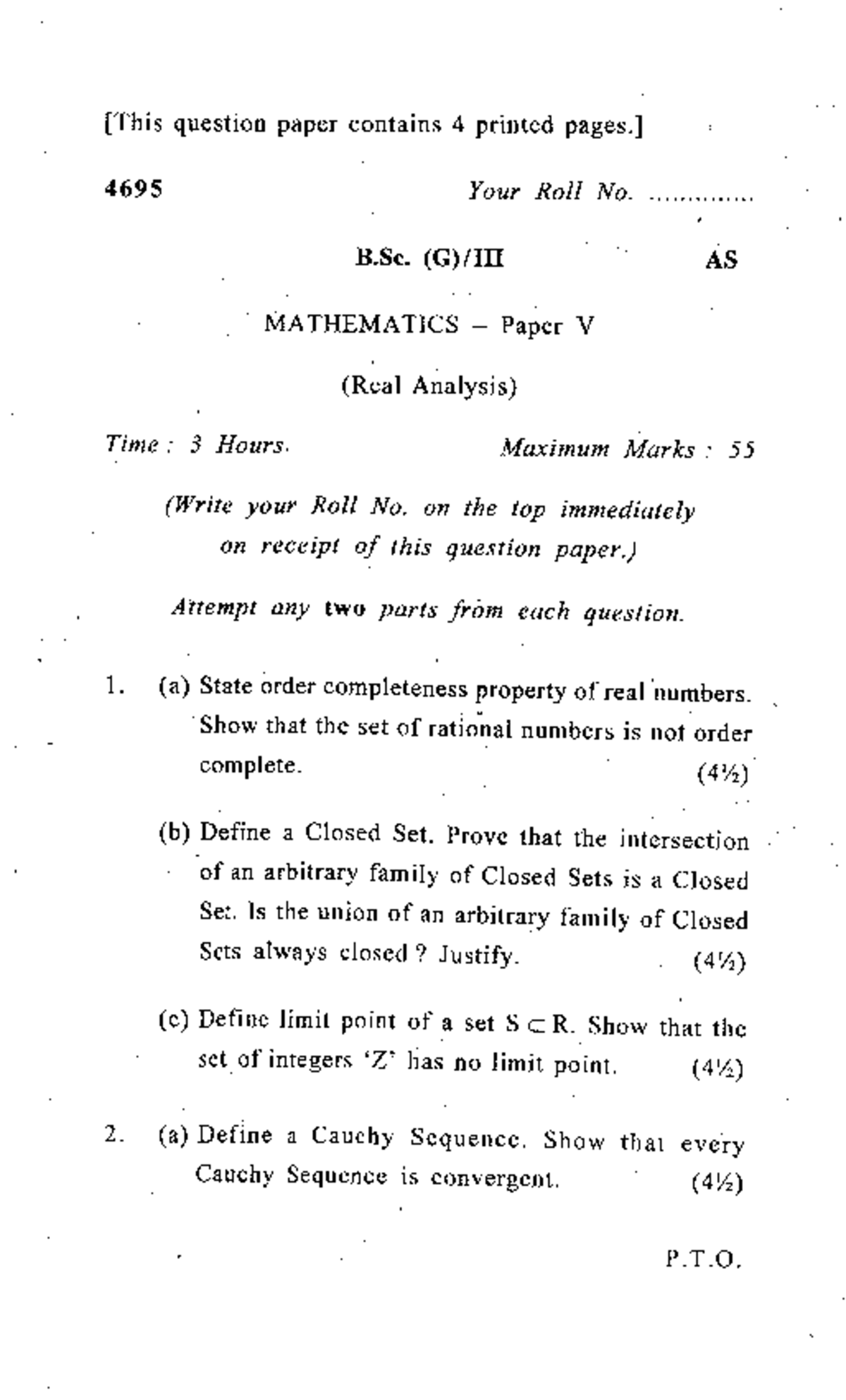 B.Sc. (G) III Mathematics - Paper V (Real Analysis) Question Paper ...