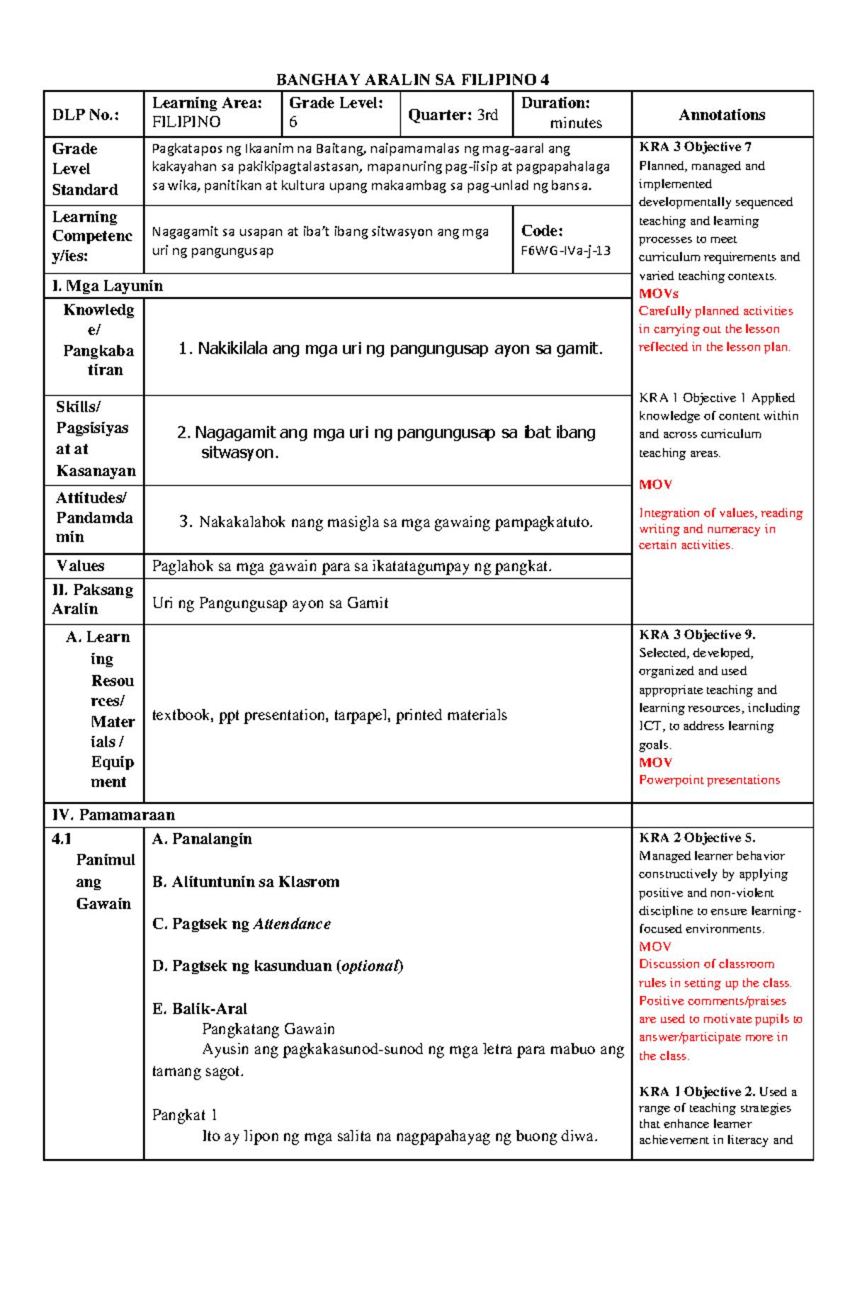 Lesson Plan: Filipino 6, 3rd Quarter Focus on Sentence Types - Studocu