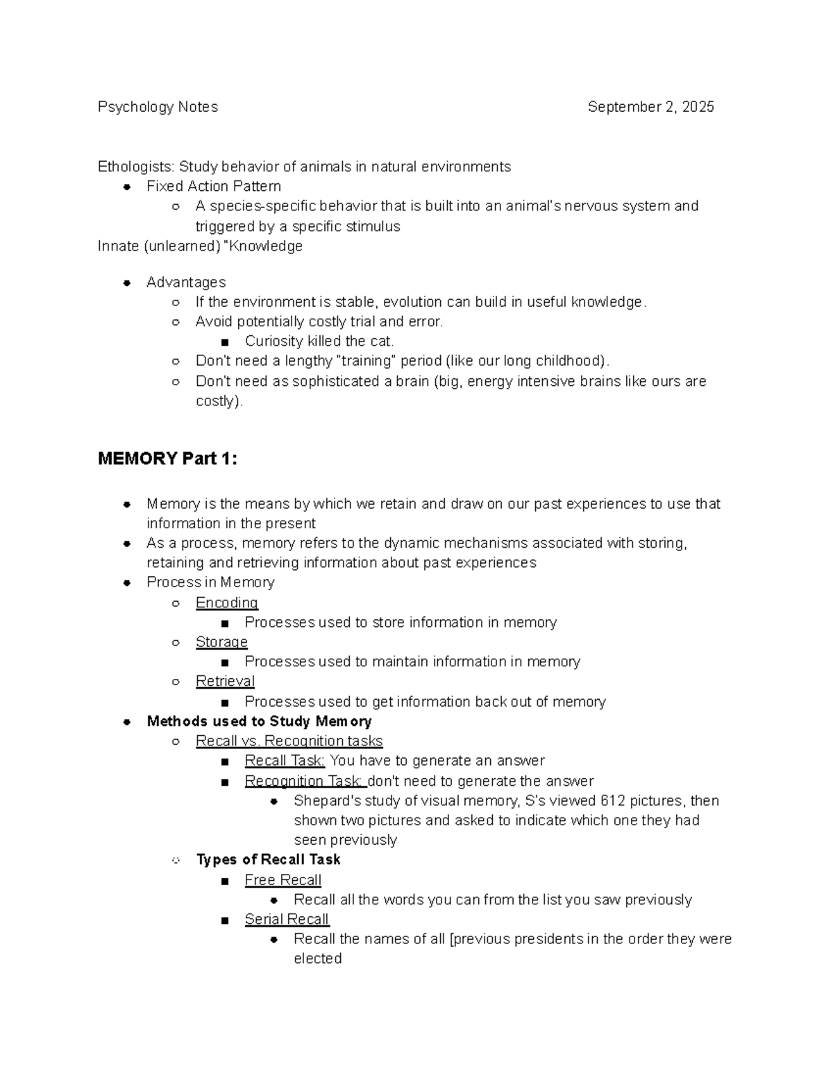 Psychology Notes (PSY 101) - Ethology & Memory Concepts - Studocu
