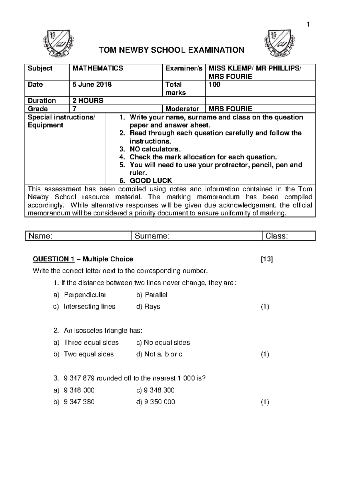 Grade 7 Mathematics Exam (L Klemp) - June 2018 - Studocu