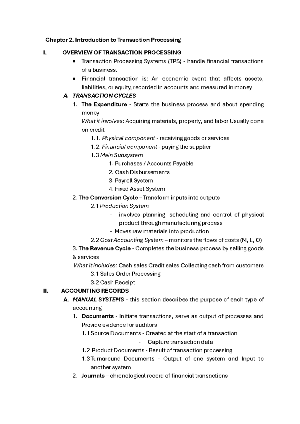 AIS 101: Chapter 2 - Introduction to Transaction Processing Notes - Studocu